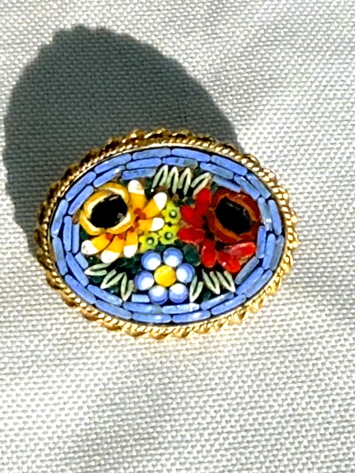 Italian Oval Micro Mosaic Blue Floral Brooch DSM Vintage