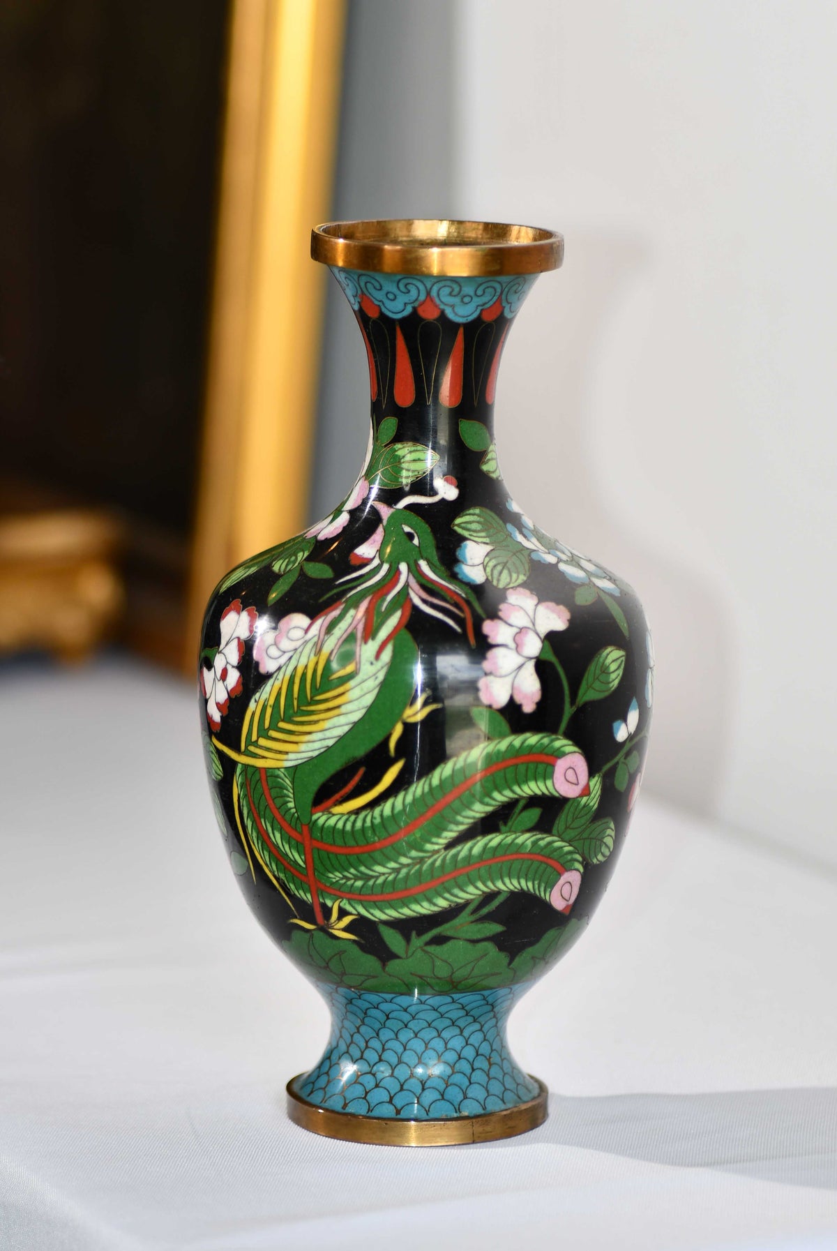 Black Cloisonné Vintage Peacock Vase, 9"
