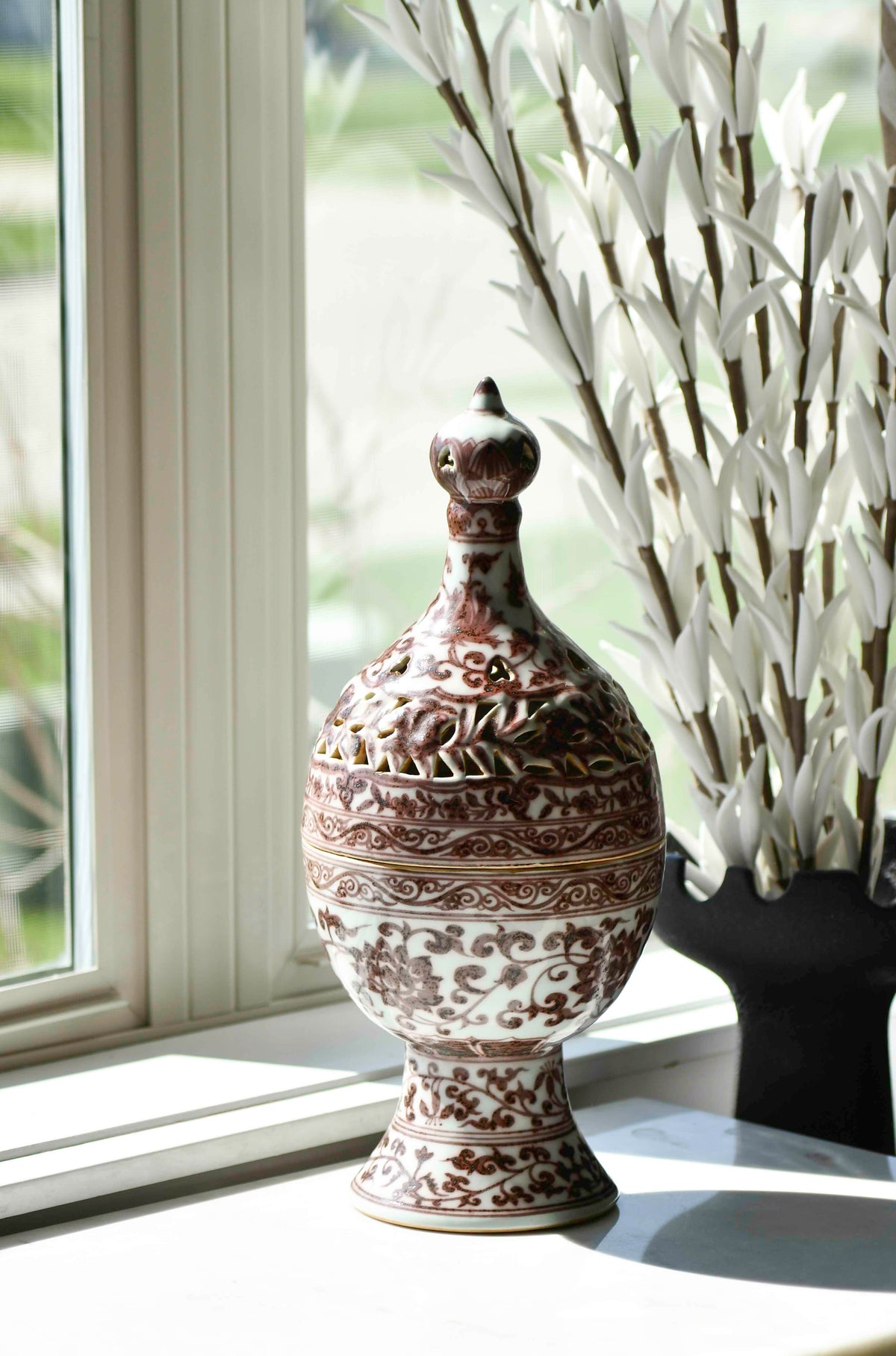 Large Incense Burner with Red Underglaze, 15"