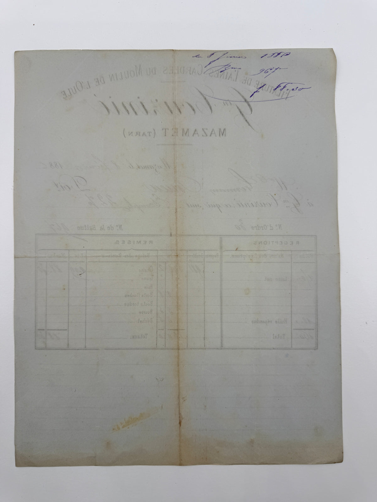 French Antique Blue Tone Invoice, 1886