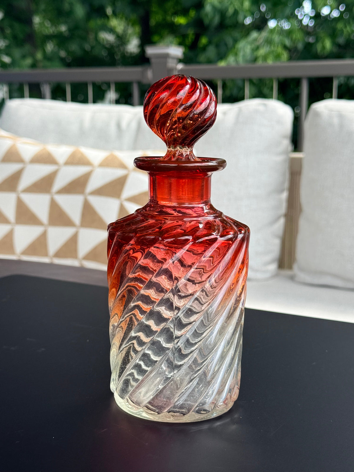 Baccarat Cranberry Swirled Glass Perfume Bottle, 8” DSM Vintage