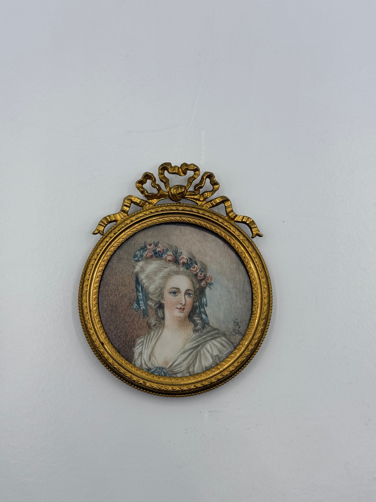 Miniature French Framed Female Portrait in Round Crowned Gold Frame, 3”