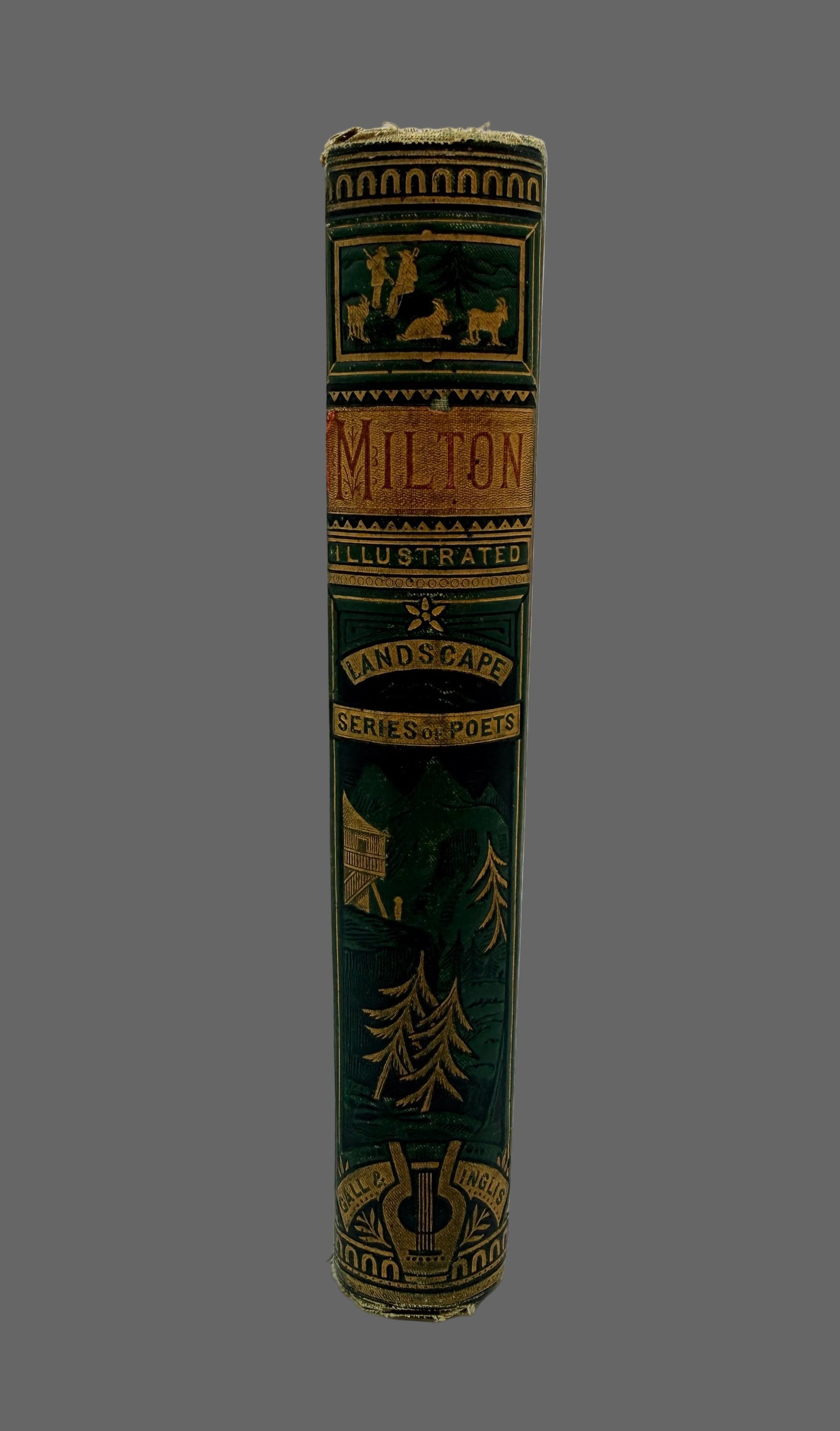 A vintage hardcover book spine standing upright on a white surface against a white background. The spine is dark green with gold decorative bands, text reading 'MILTON' and 'ILLUSTRATED', and 'LANDSCAPES' below, plus small illustrated scenes.