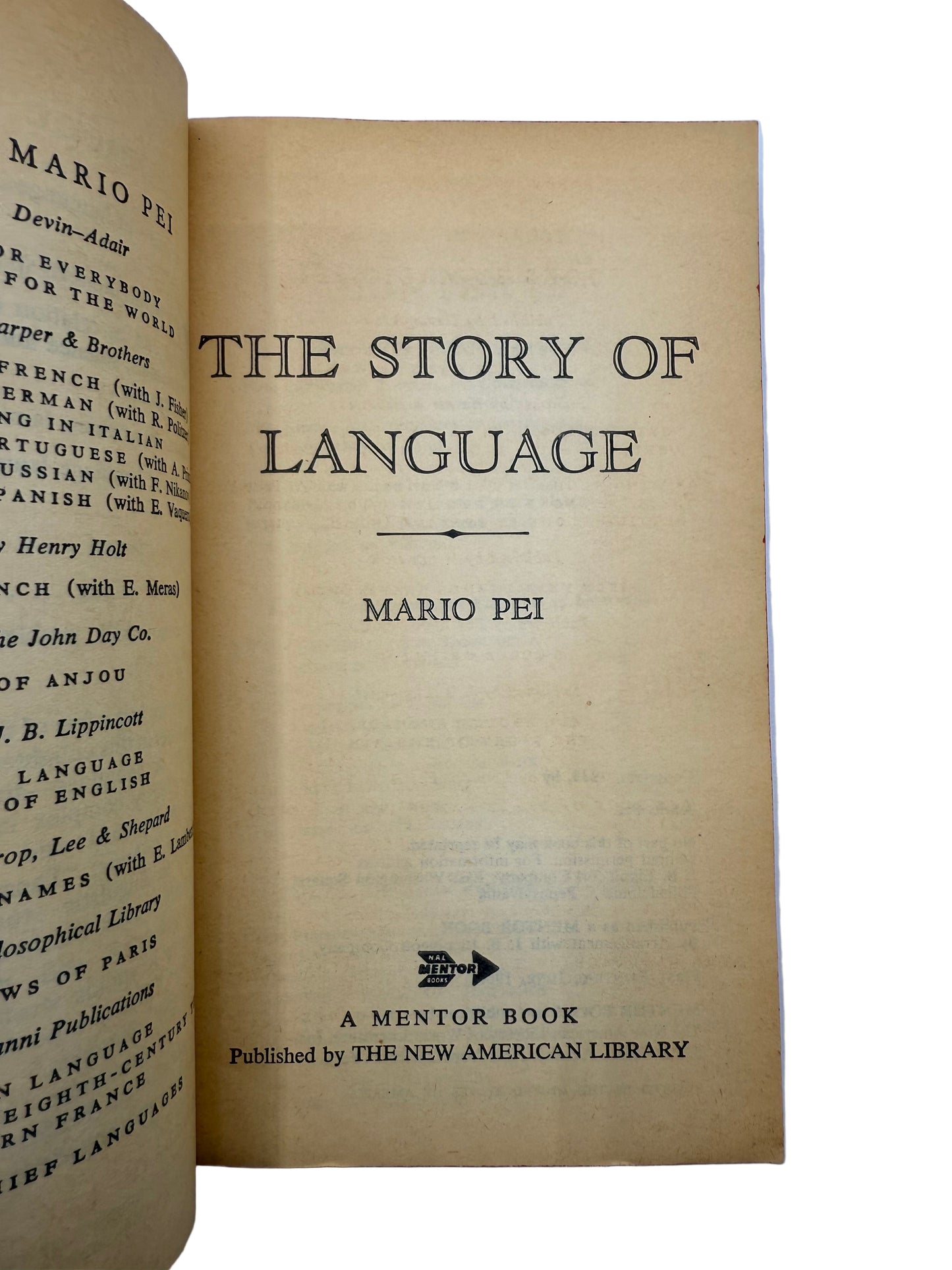 Book titled 'The Story of Language' by Mario Pei on a light blue background