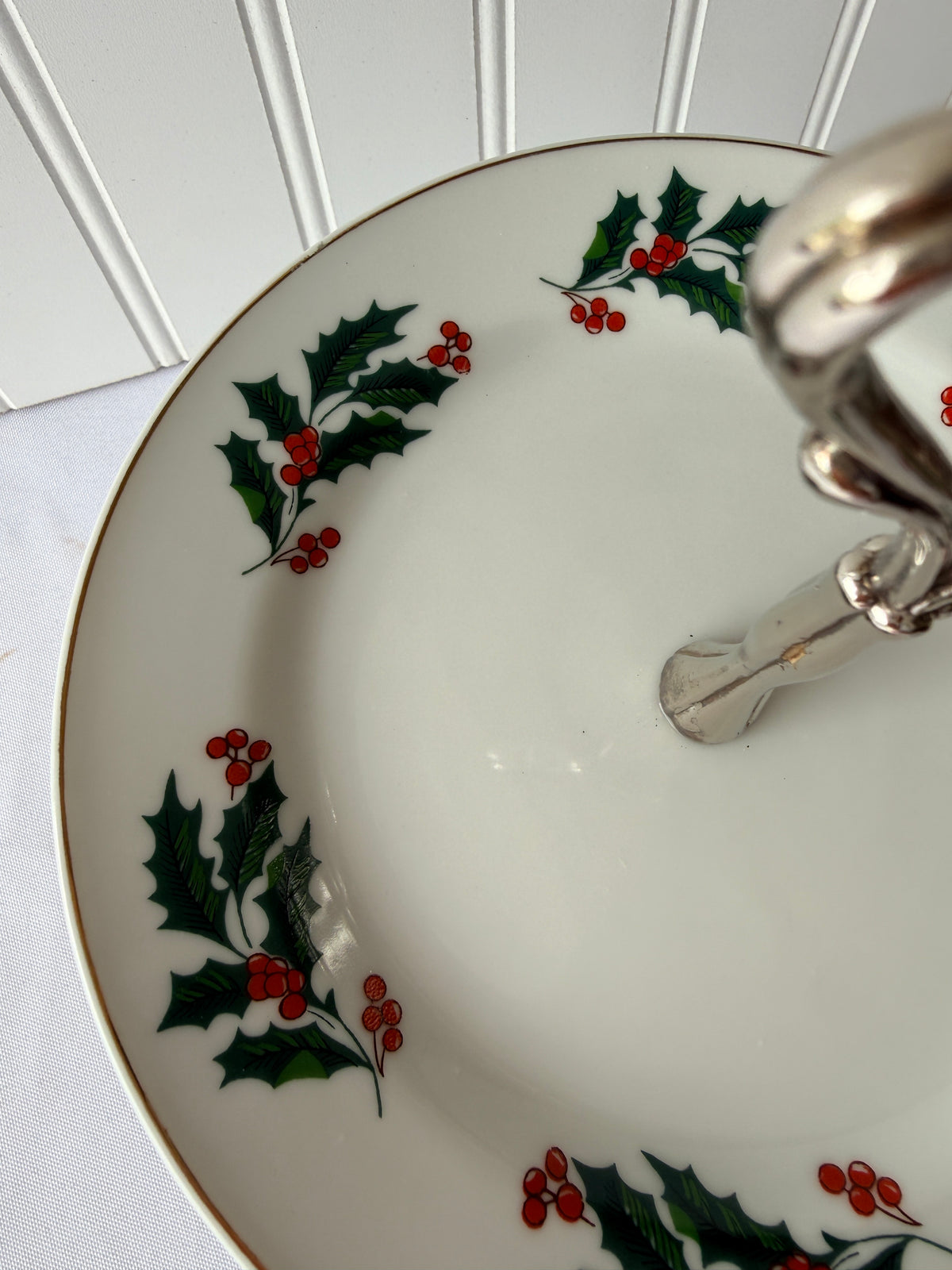Vintage Christmas Holly Berry Pedestal Serving Plate Display