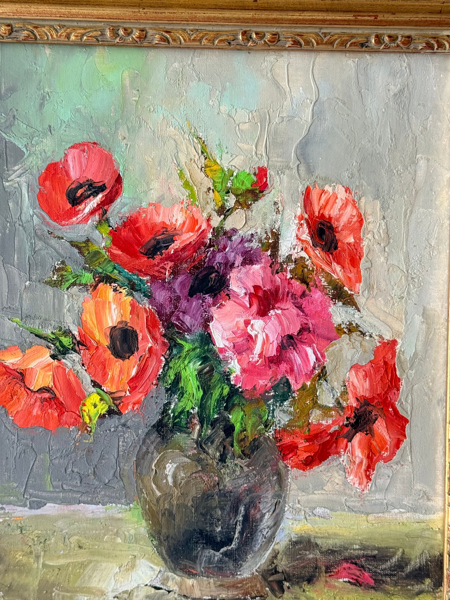 Red Floral Oil Painting, 18”