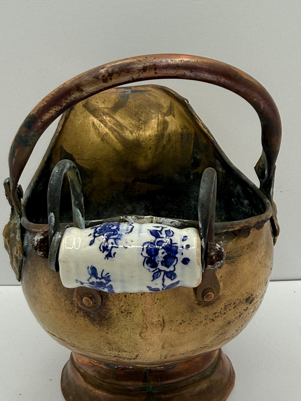 Small Copper Fireplace Scuttle with Delft Style Handle