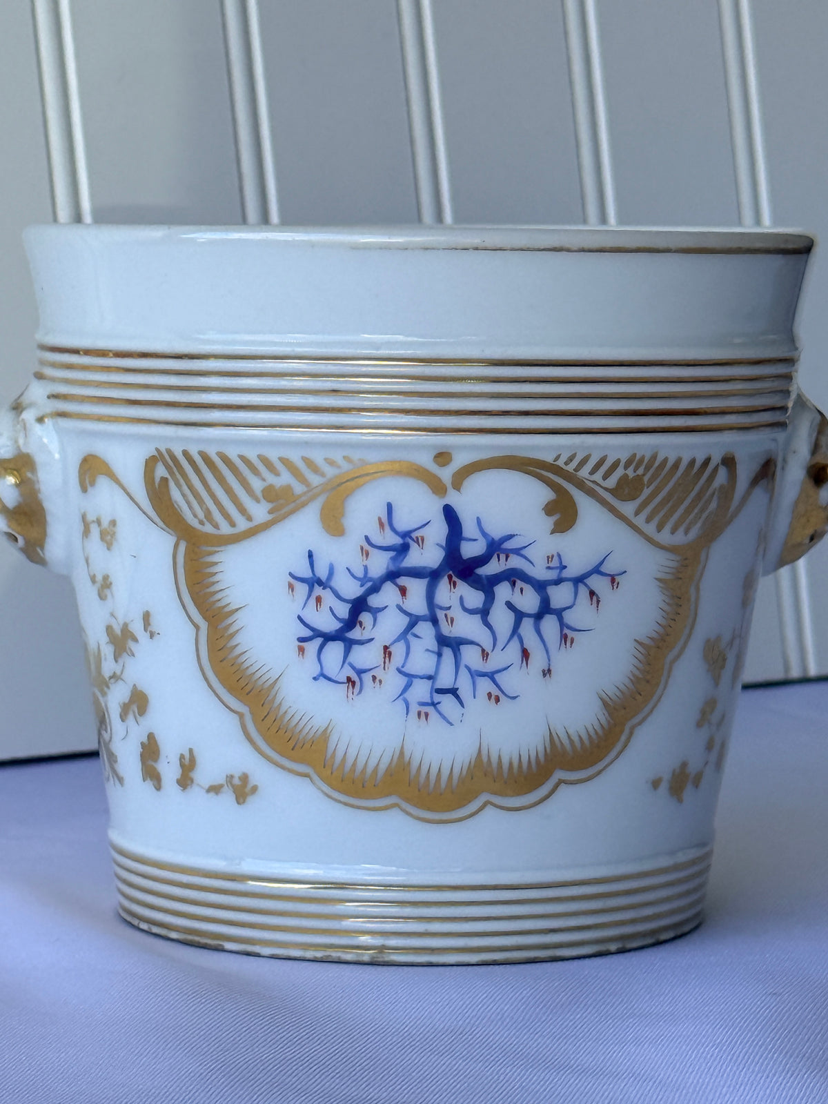 French Porcelain Jardinere or Cache Pot with Lion Mask Handles