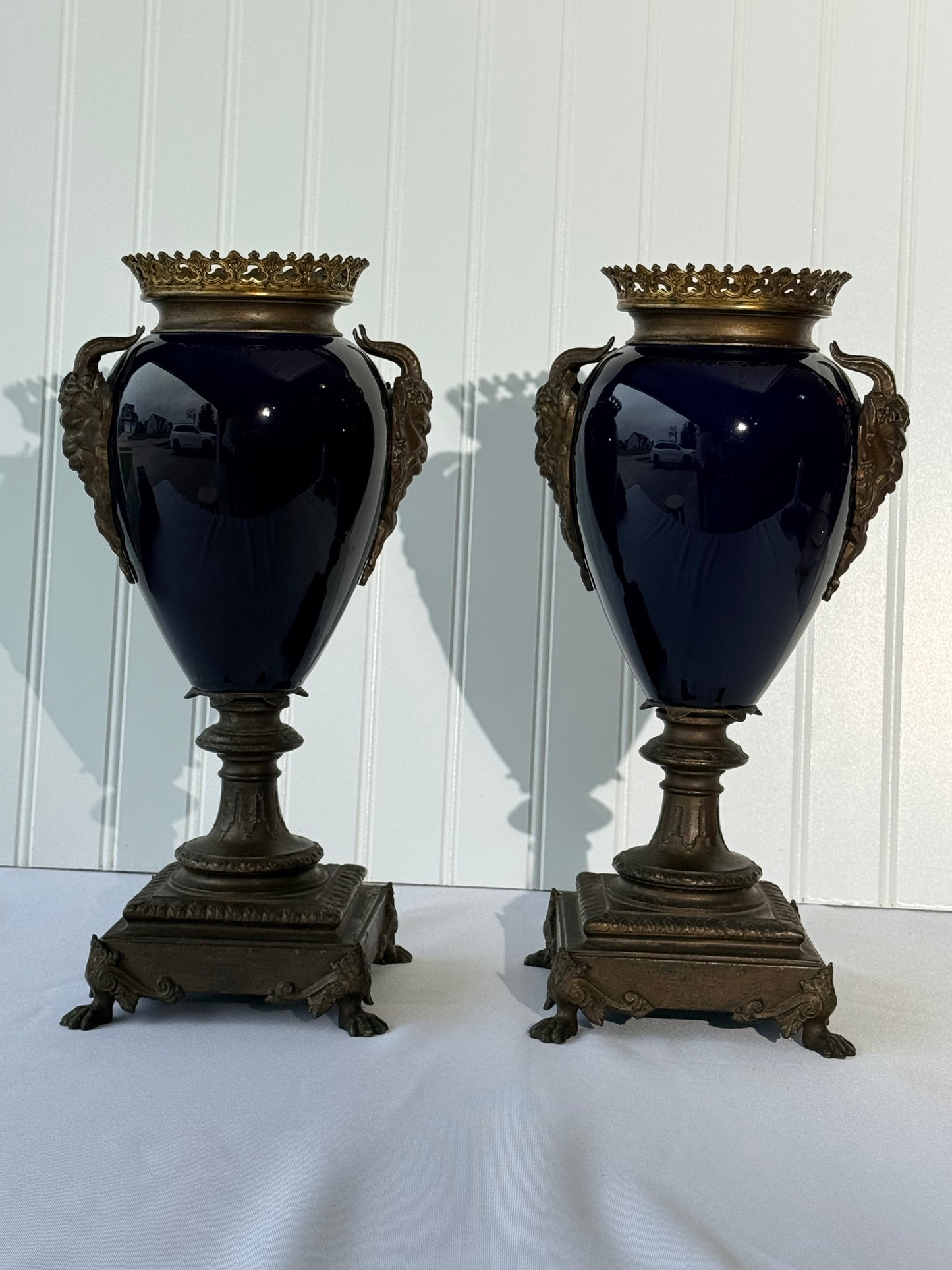 Neoclassical Cobalt Blue Urns on Footings with Bronze Faces, 14”