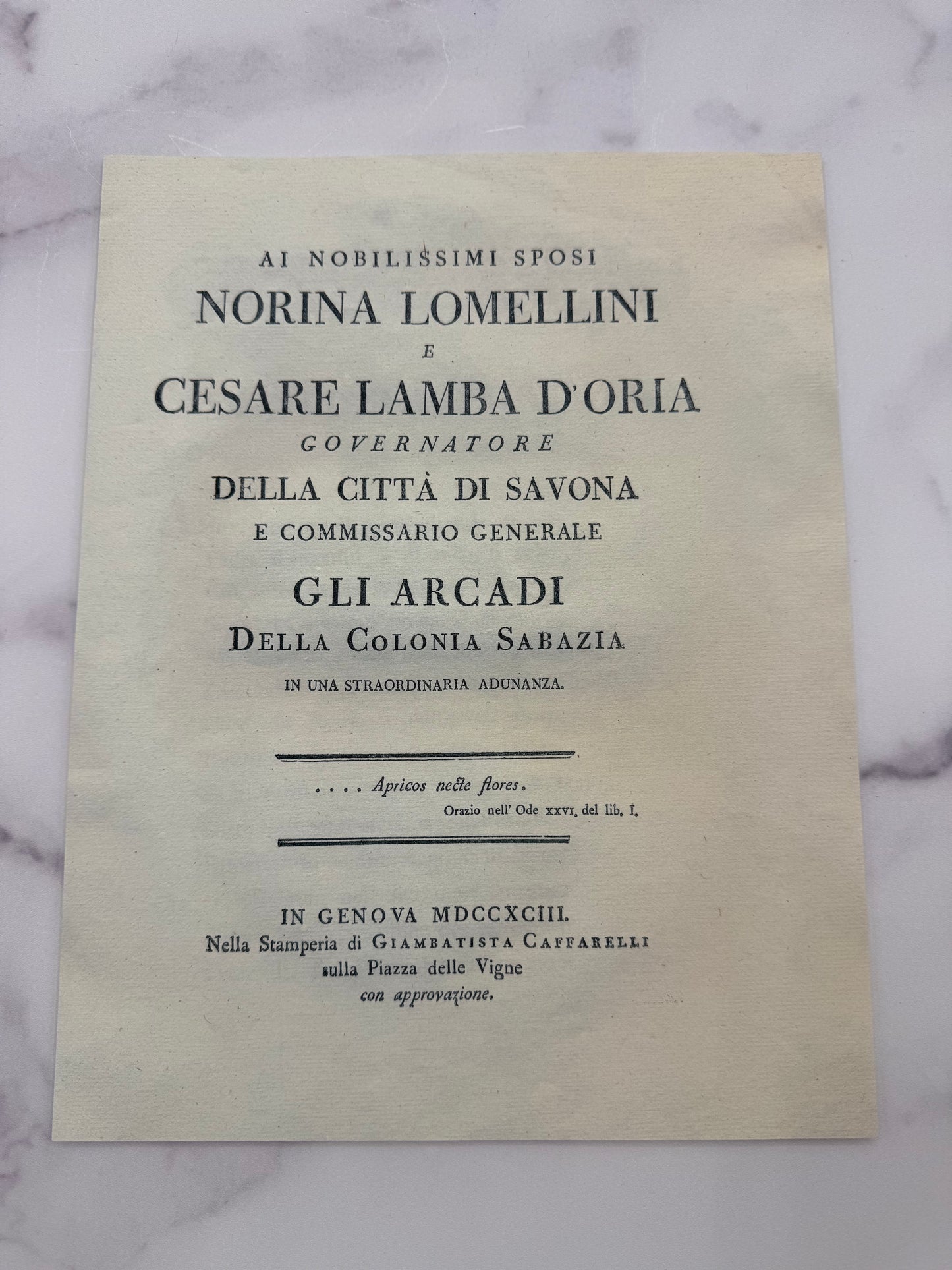 Print of a 1793 Italian Sonnet Pamphlet