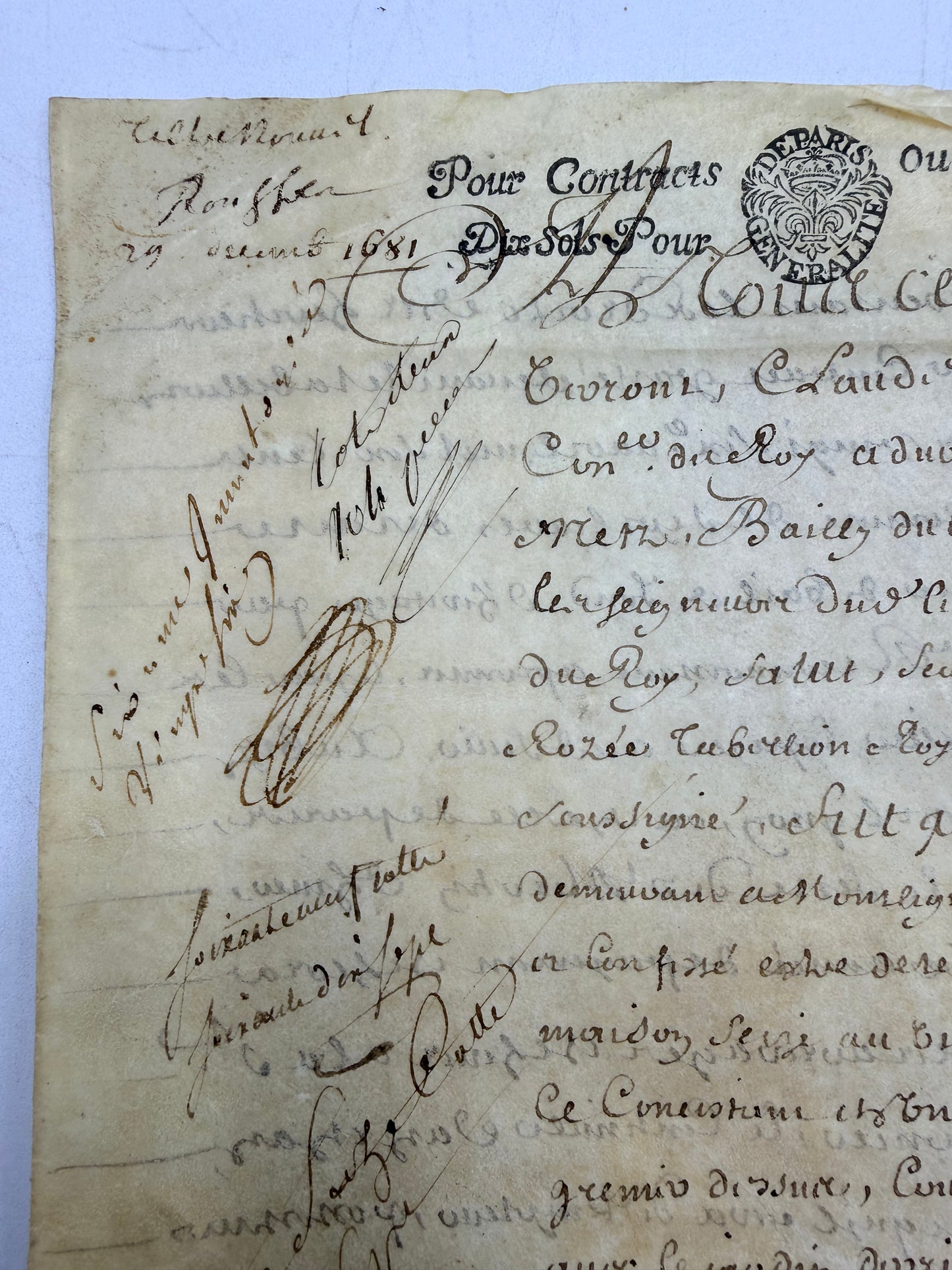Handwritten French Contract Document on Vellum Paper, 1681