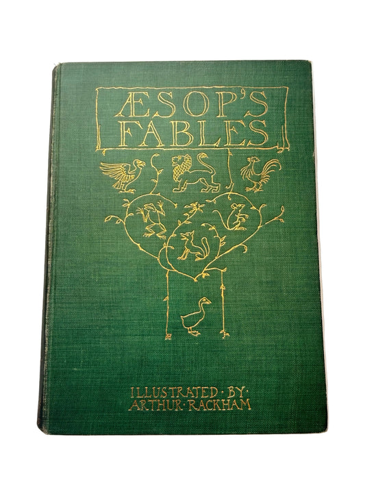 Green book titled 'Aesop's Fables' with gold embossed design on a white background