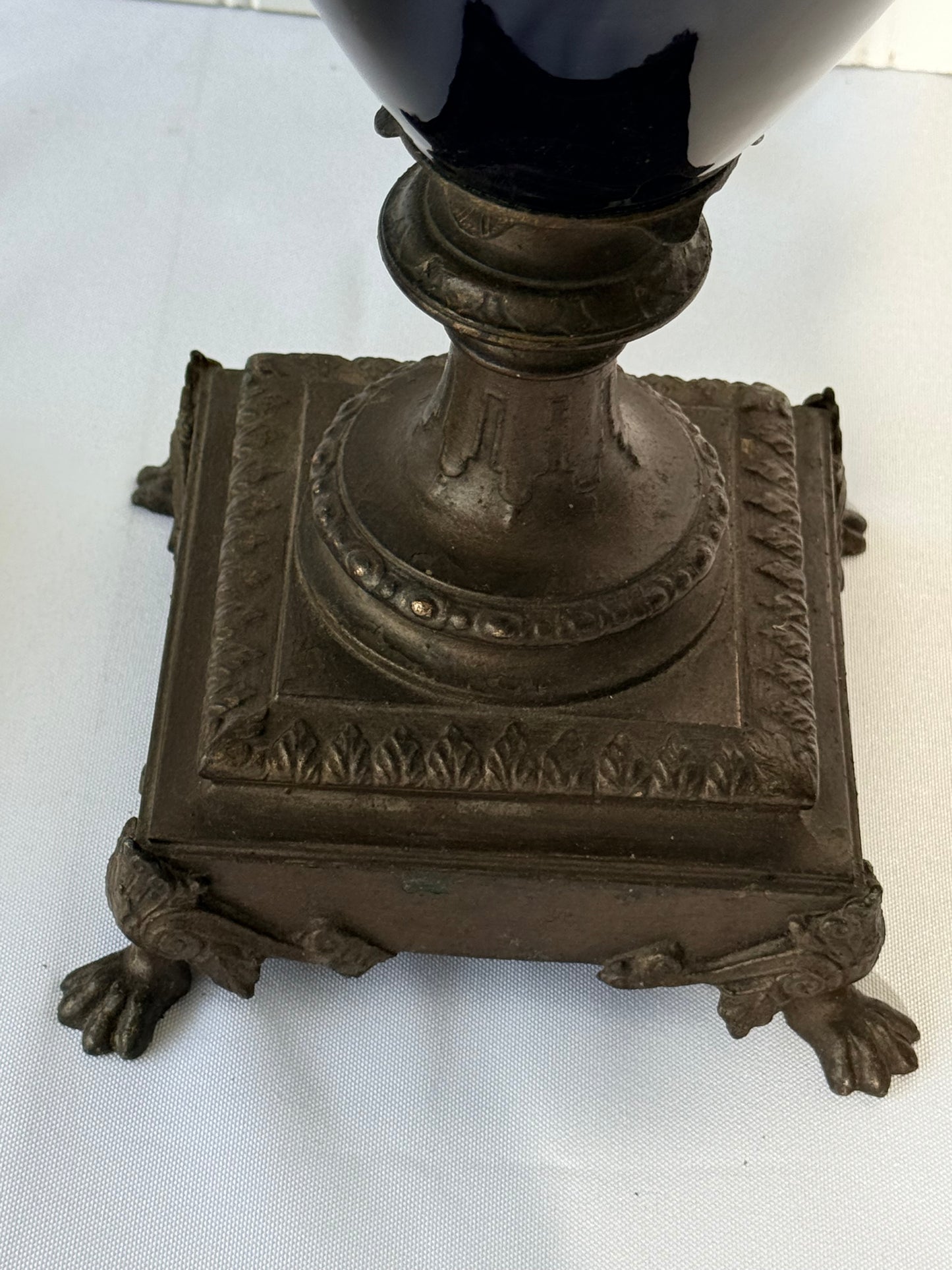 Neoclassical Cobalt Blue Urns on Footings with Bronze Faces, 14”