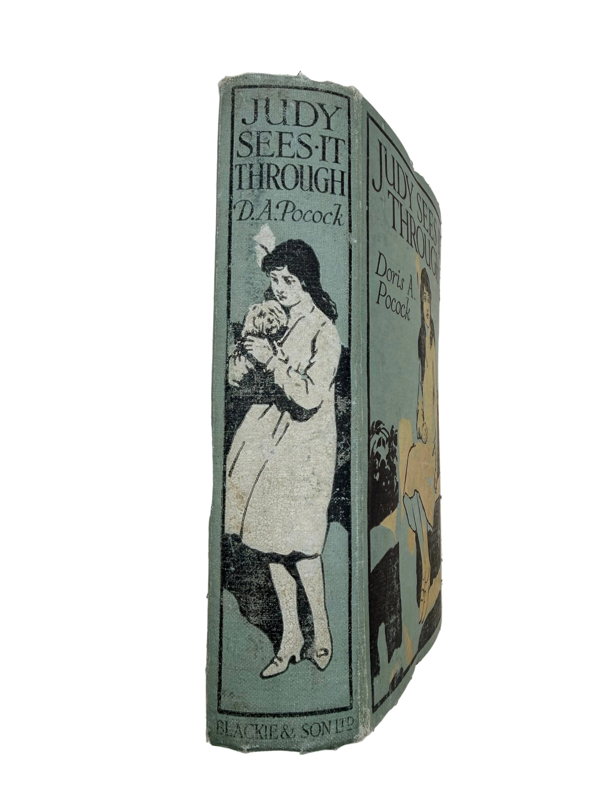 Book titled 'Judy Sees Through a Peep Hole' on an open book with handwritten text.