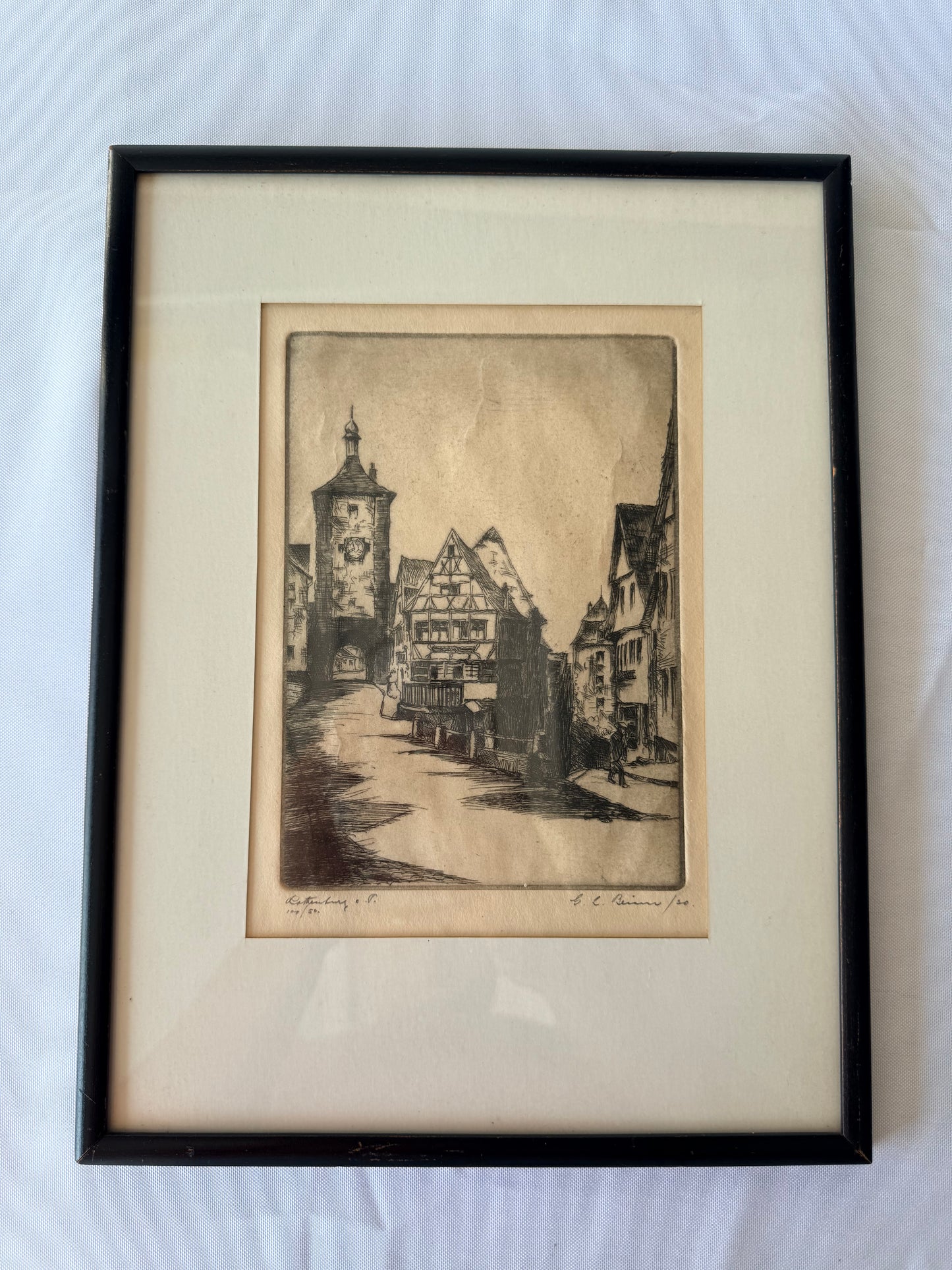 Rothenburg Marcus Tower Antique Etching, Germany, 12”