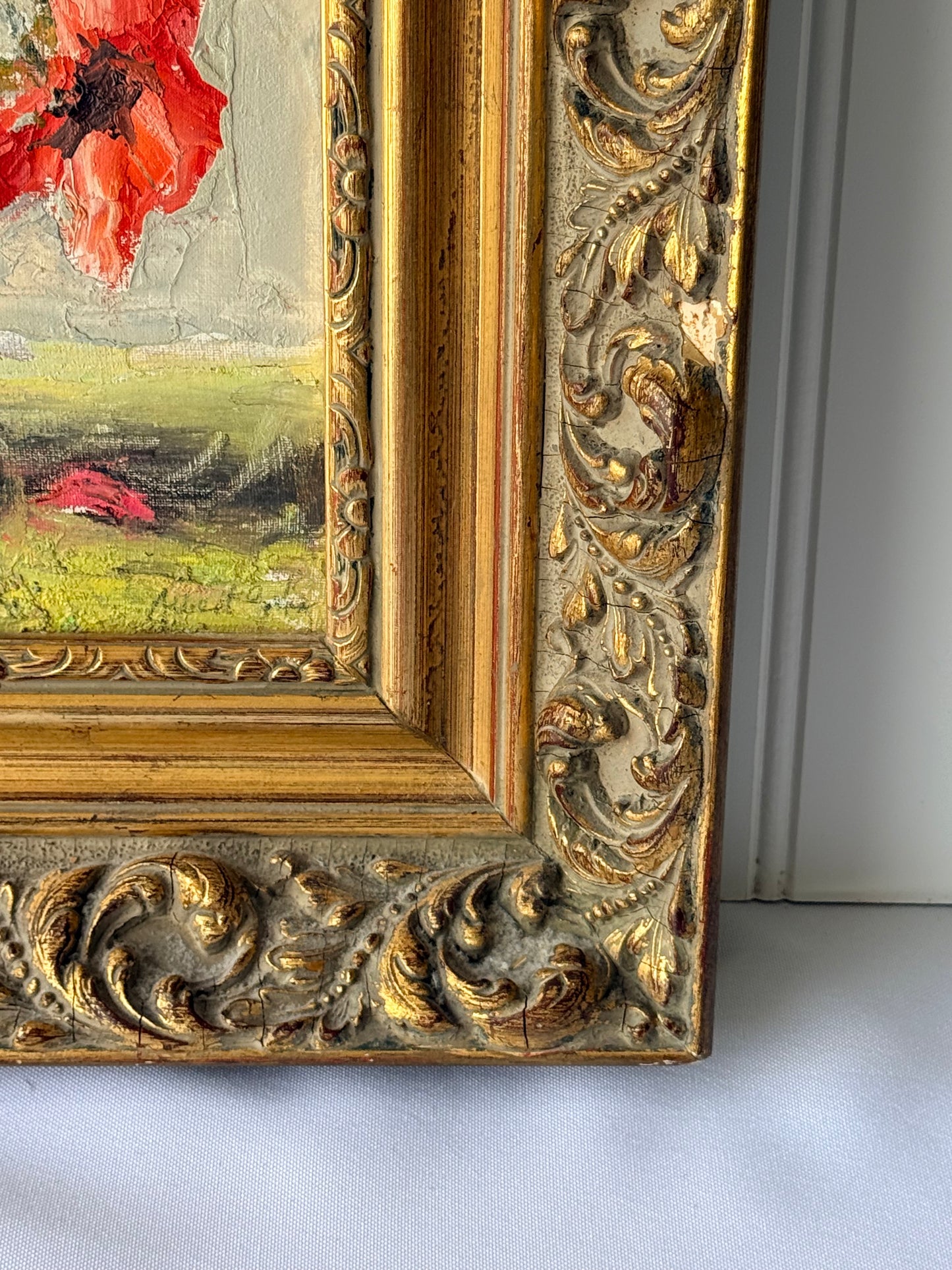 Red Floral Oil Painting, 18”