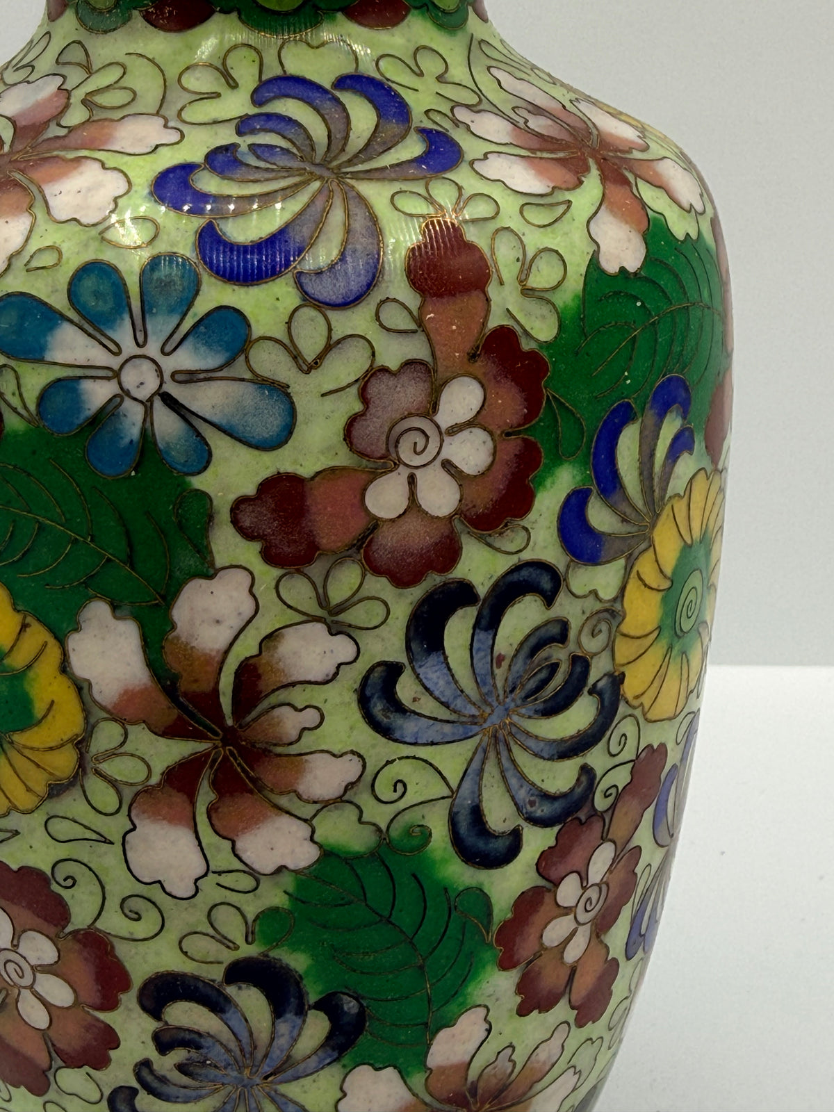 Cloisonné Green Ground Brass Floral Vase, 6”