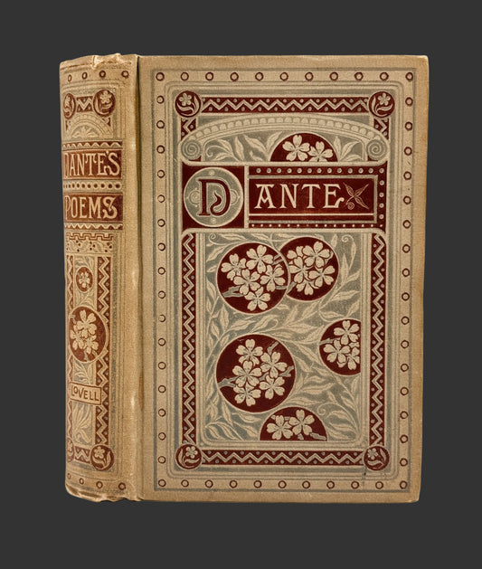 An antique hardcover book titled 'Dante's Poems' with ornate embossed floral and geometric designs in dark red-brown and beige on a white background.