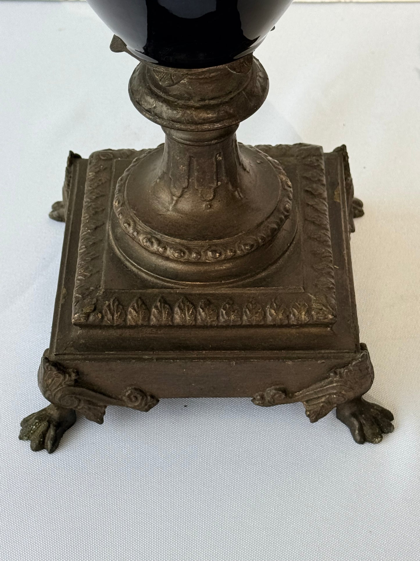 Neoclassical Cobalt Blue Urns on Footings with Bronze Faces, 14”