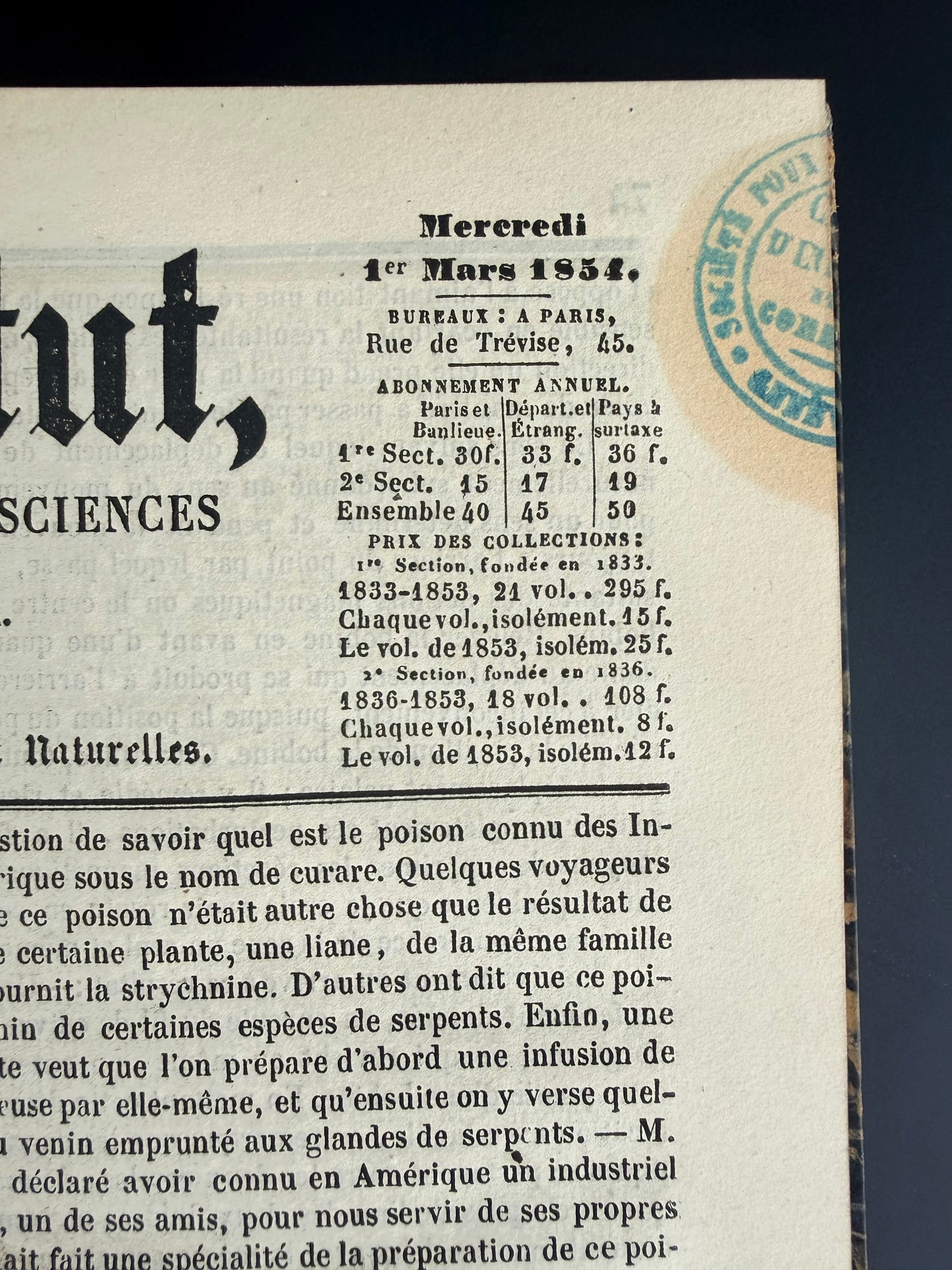 Universal Journal of the Sciences and Learned Societies, French Journals, 1854