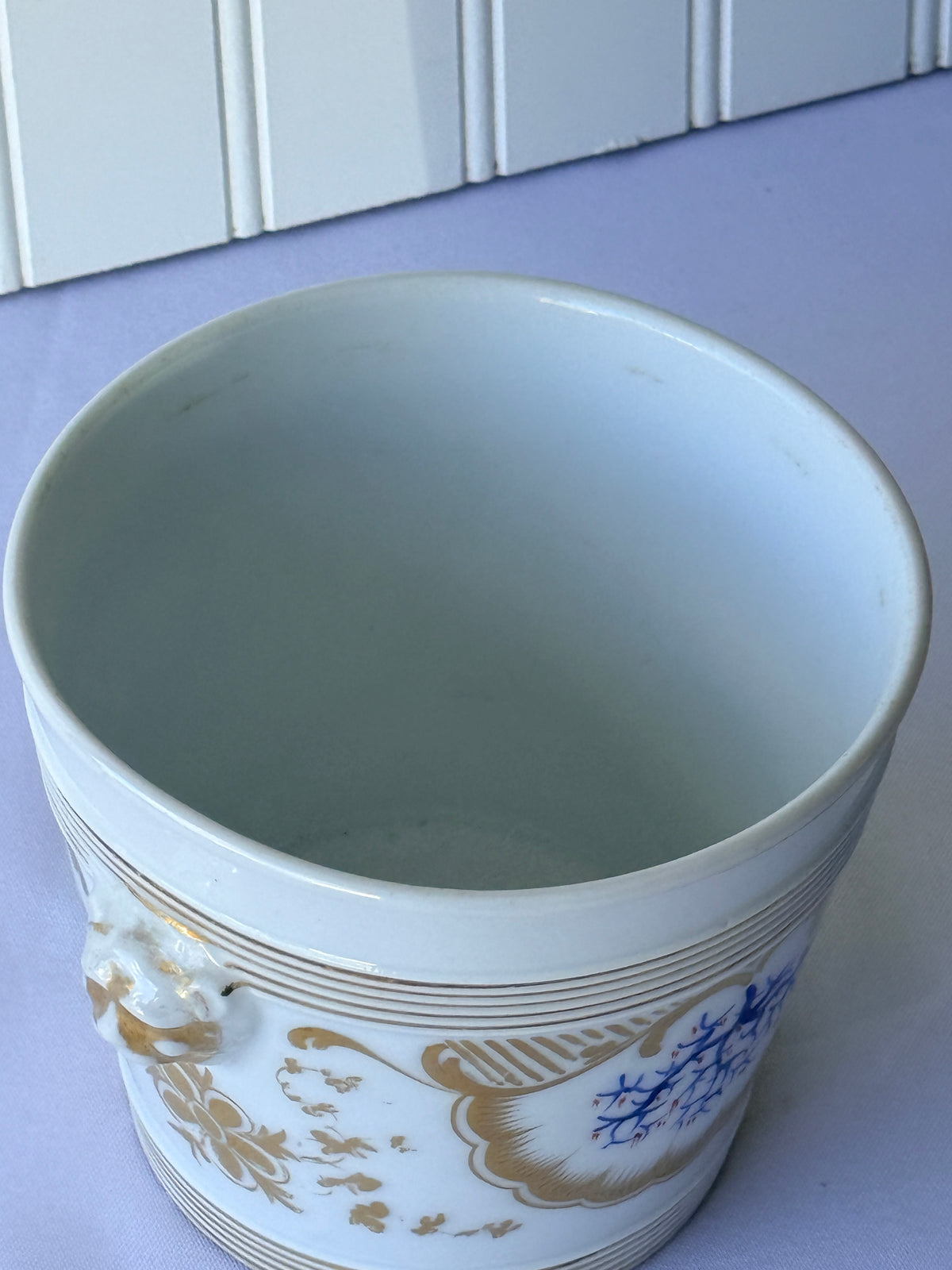 French Porcelain Jardinere or Cache Pot with Lion Mask Handles