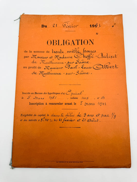 French Vintage Handwritten Bond Document, 1931