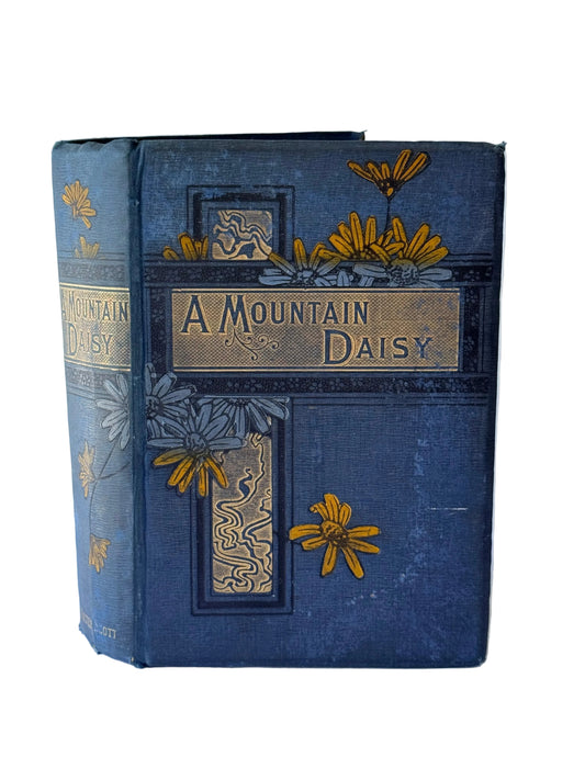 An antique hardcover book titled 'A Mountain Daisy' with a dark blue textured cover and gold floral embellishments, standing upright against a white paneled background.