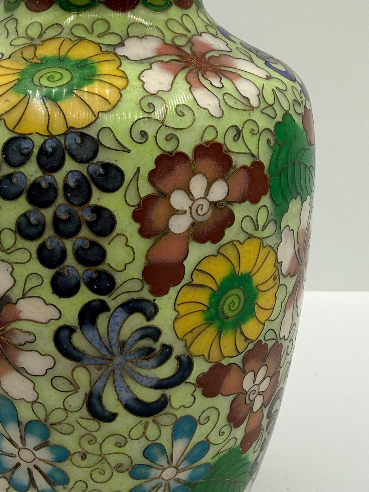Cloisonné Green Ground Brass Floral Vase, 6”