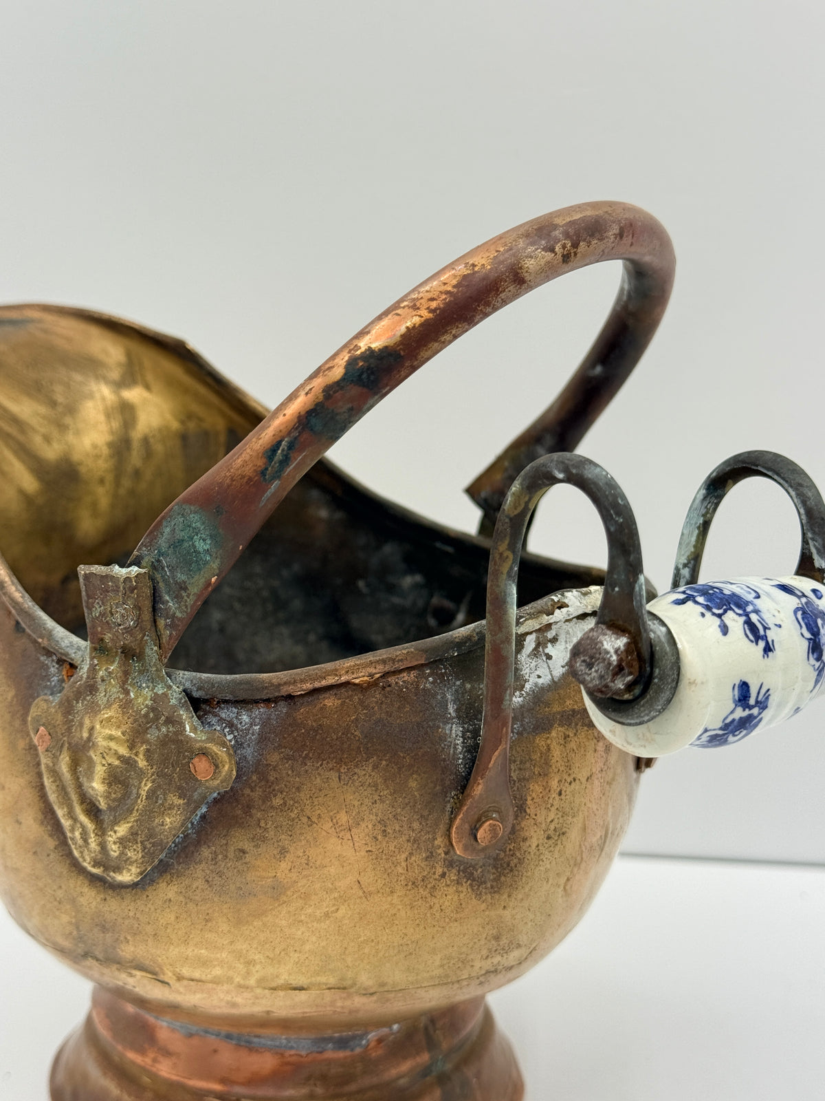 Small Copper Fireplace Scuttle with Delft Style Handle