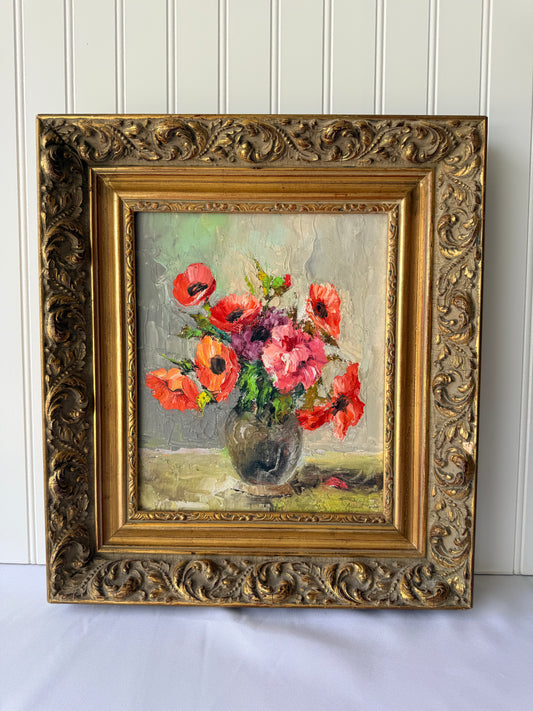 Red Floral Oil Painting, 18”