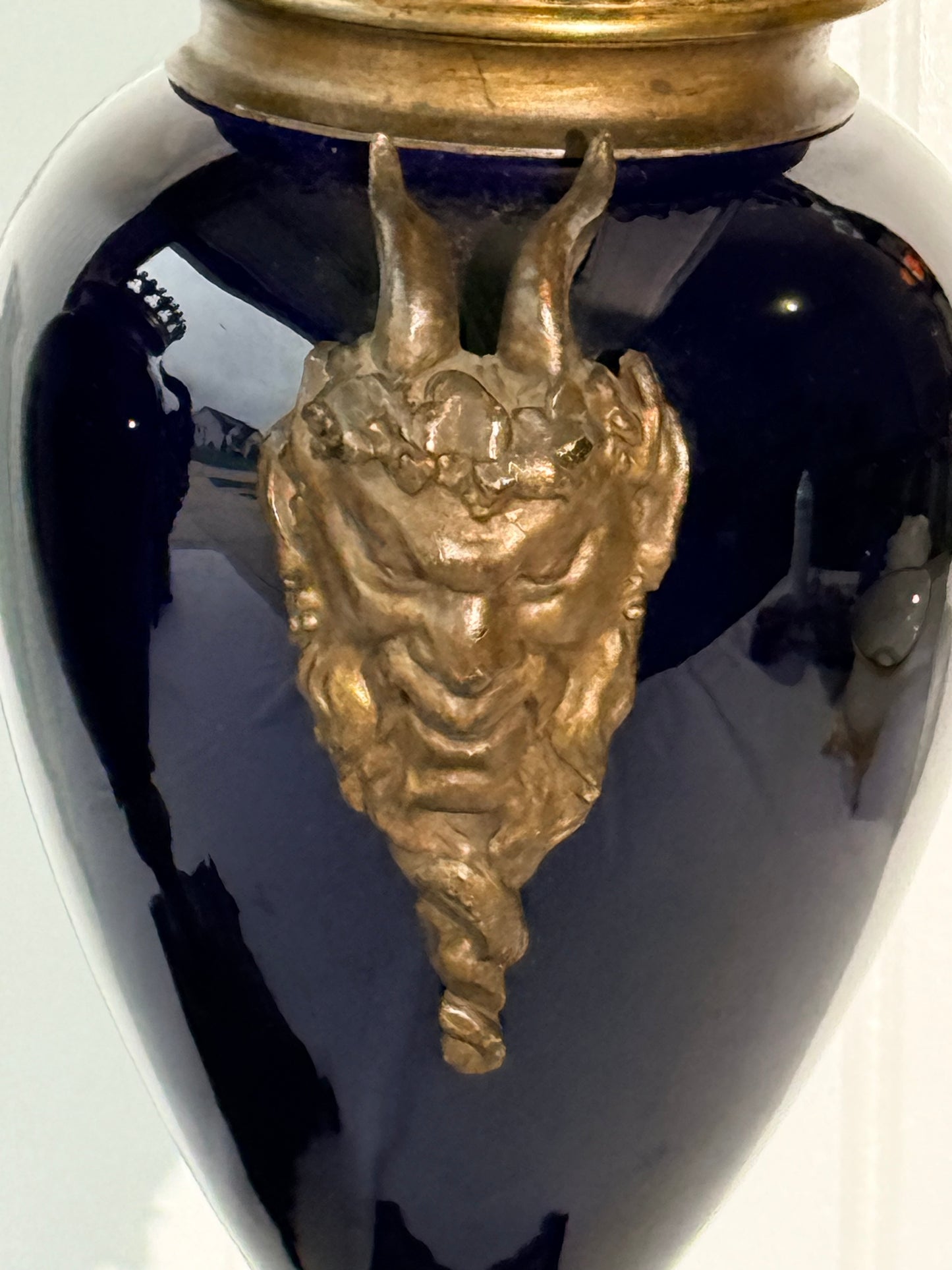 Neoclassical Cobalt Blue Urns on Footings with Bronze Faces, 14”