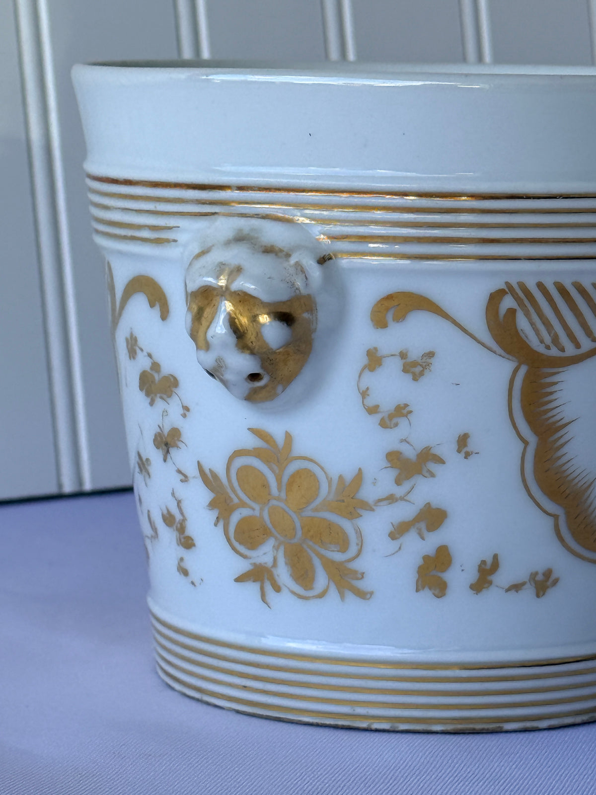 French Porcelain Jardinere or Cache Pot with Lion Mask Handles