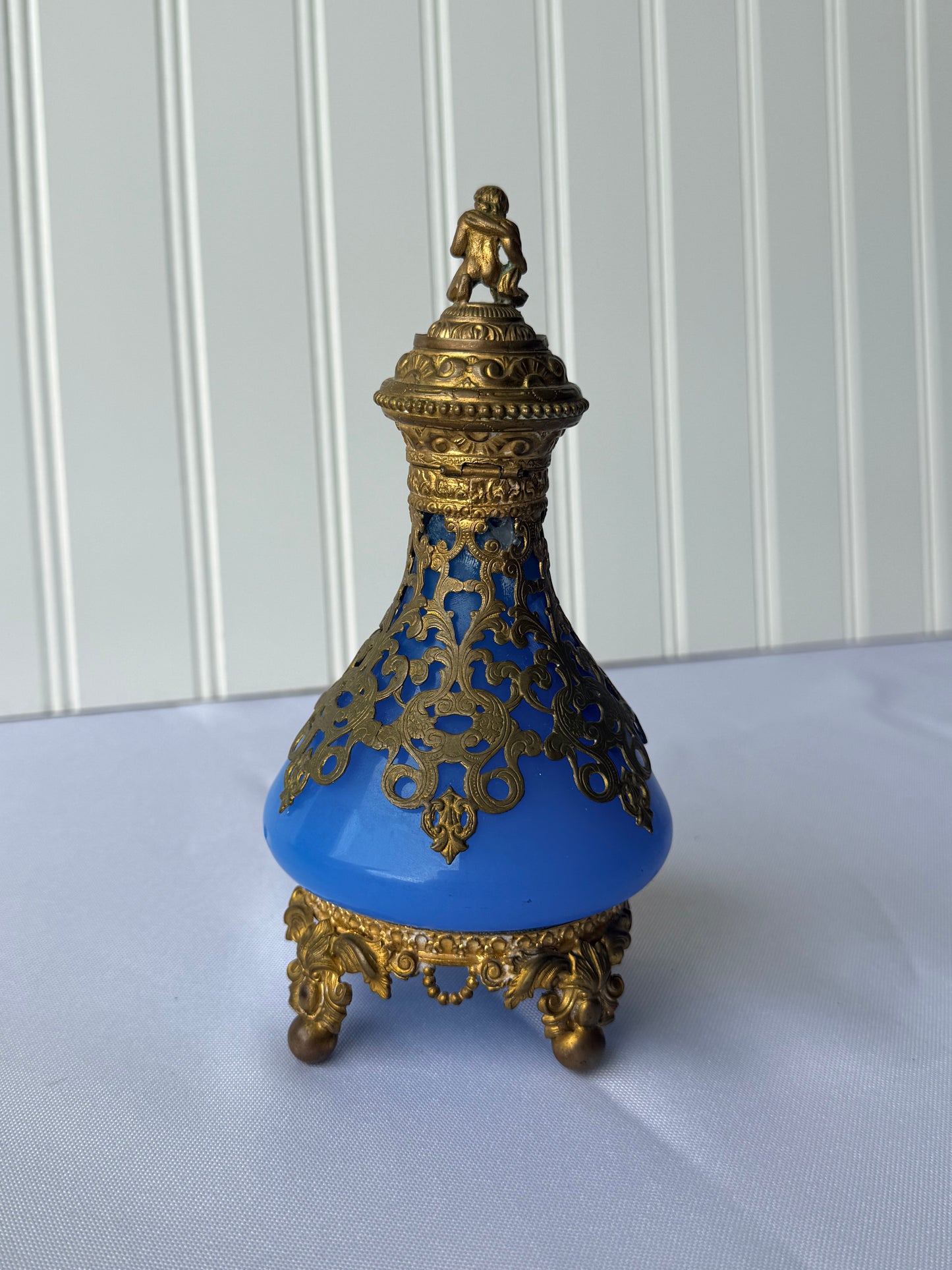 Antique French Royal Palais Blue Opaline Ormolu Glass Perfume Bottle