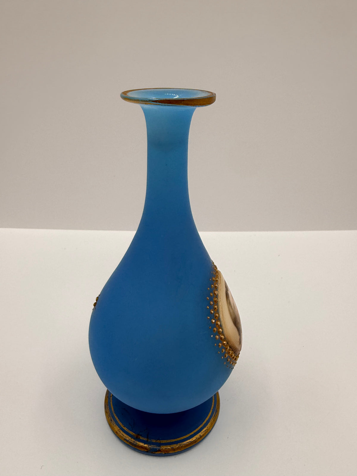 Vintage Blue Opaline Vase with Child Portrait