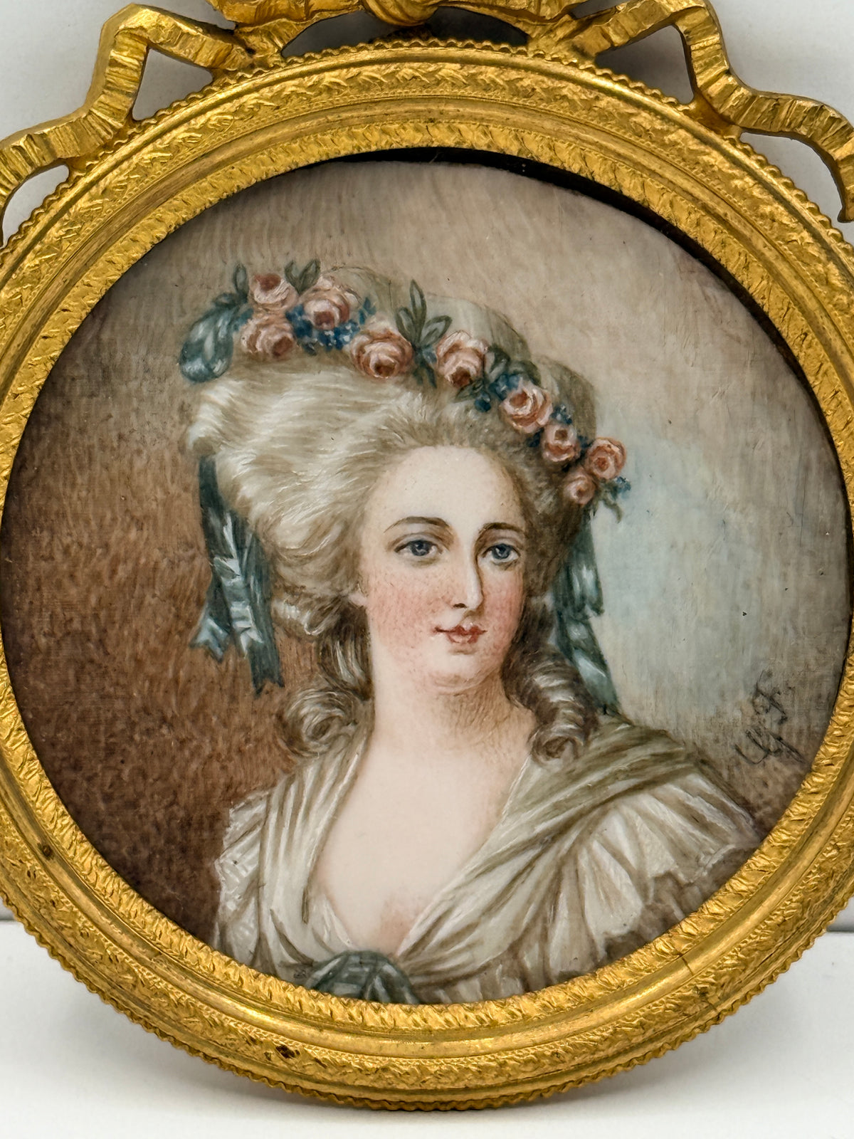 Miniature French Framed Female Portrait in Round Crowned Gold Frame, 3”
