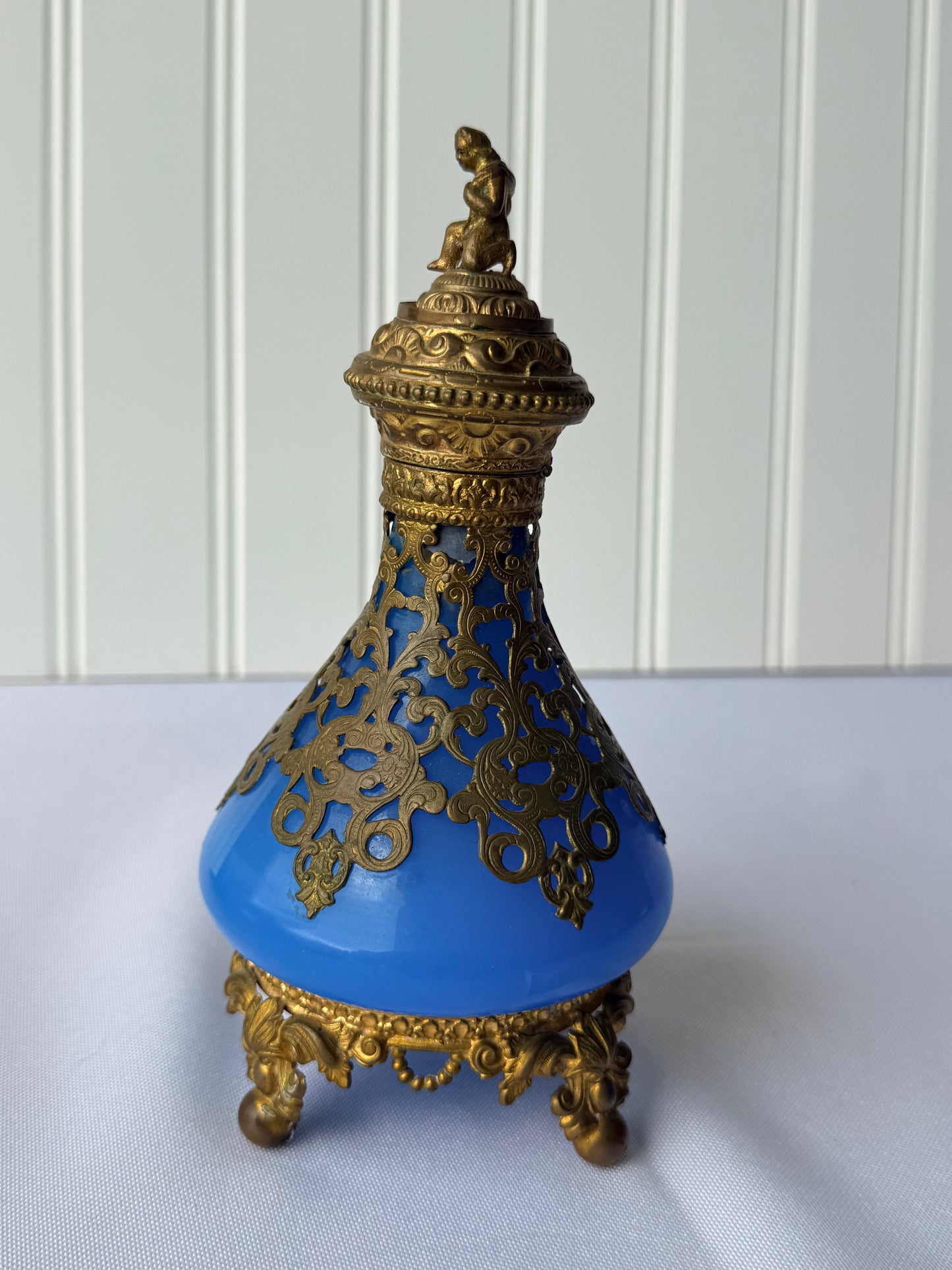 Antique French Royal Palais Blue Opaline Ormolu Glass Perfume Bottle