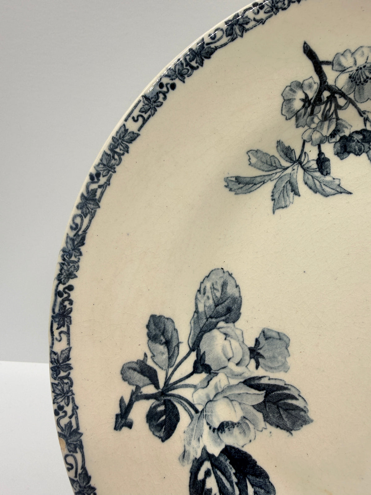 French Ironstone Transferware Floral Plate, Faiences Porcelaines Cristaux