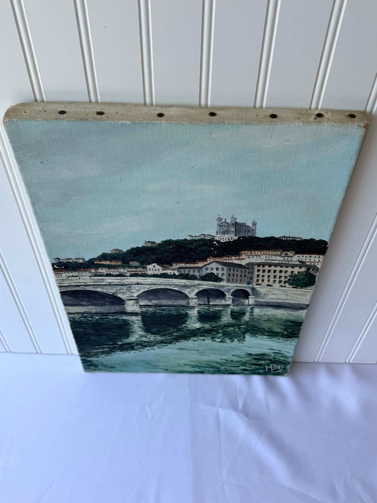 Vintage French Oil Painting Lyon Tilsit Bridge & Saône River, 18”