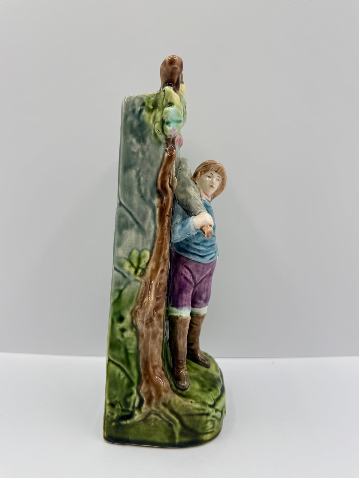 Majolica Statue Vase with Boy & Tree Scene, 10"