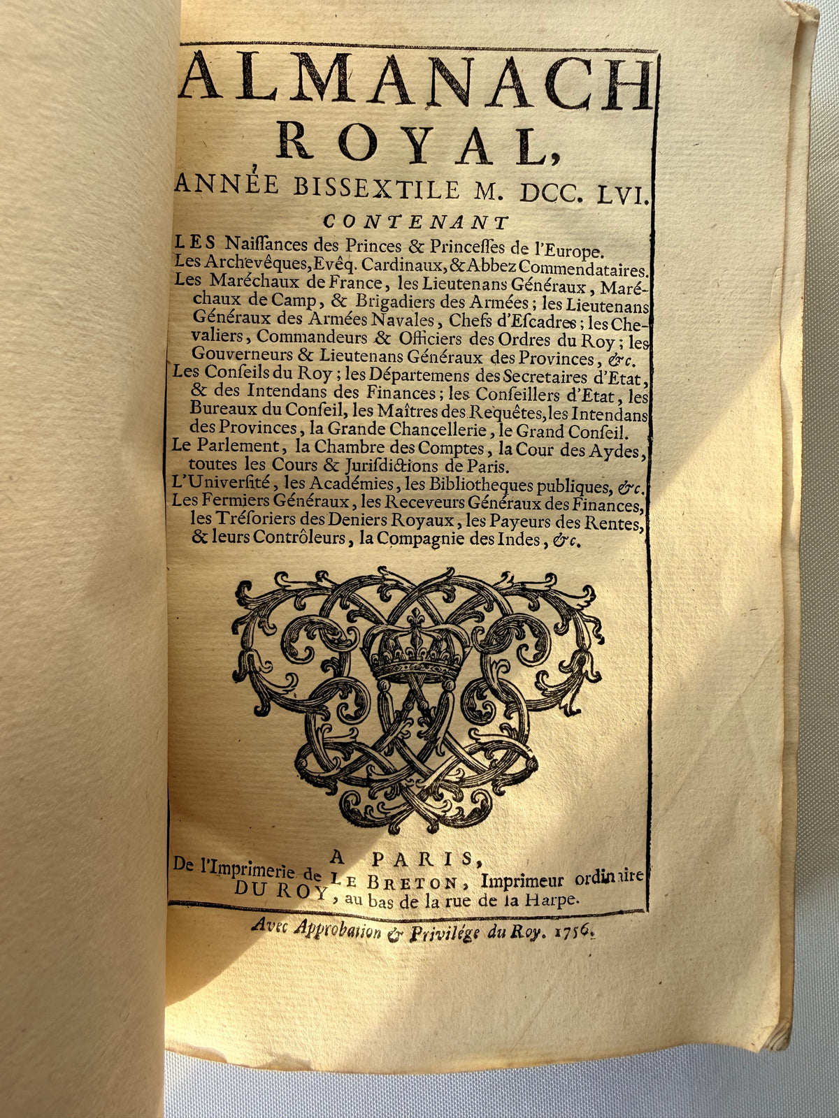 Almanach Royal, French 18th Century Almanac, 1756