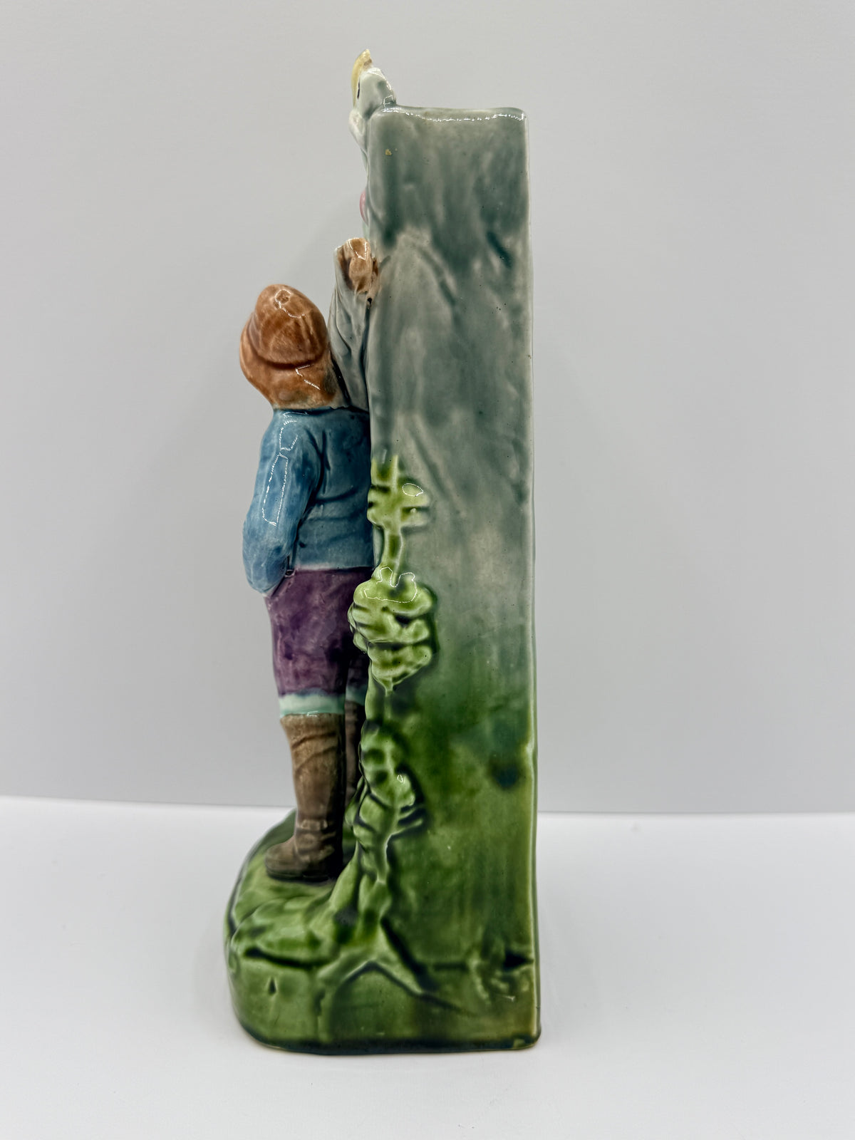 Majolica Statue Vase with Boy & Tree Scene, 10"