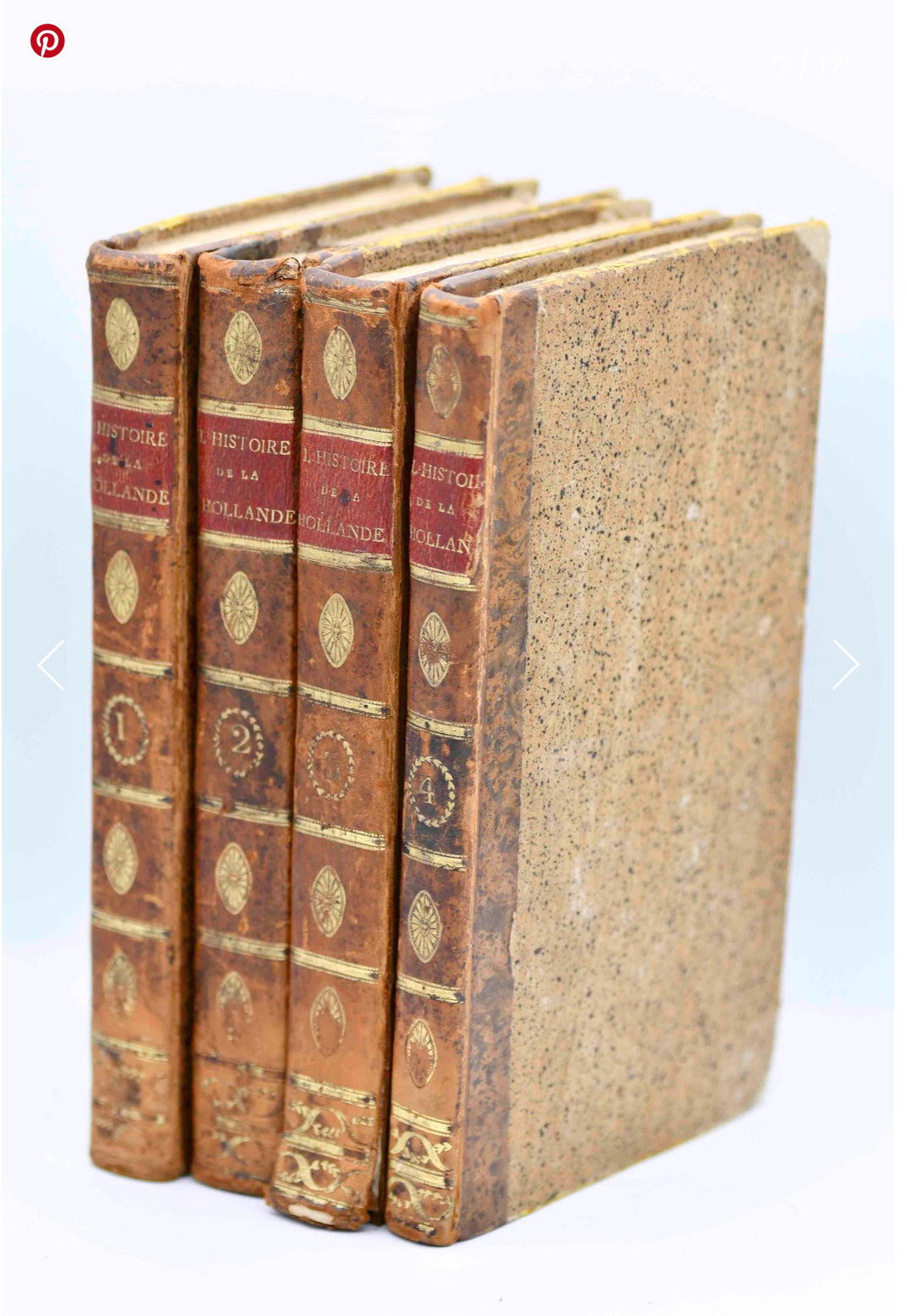 Set of four vintage books with leather-bound spines on a white background