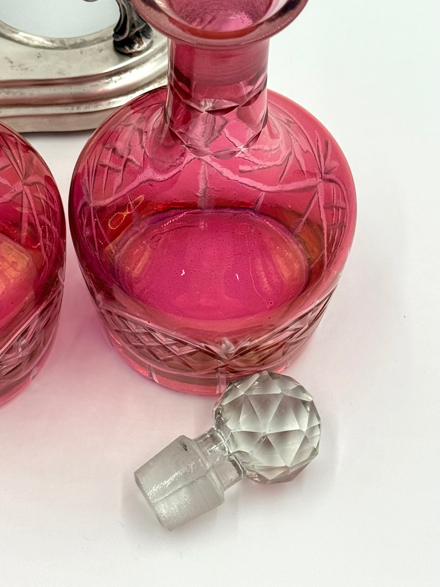 Pink Cranberry Glass Decanters on Stand