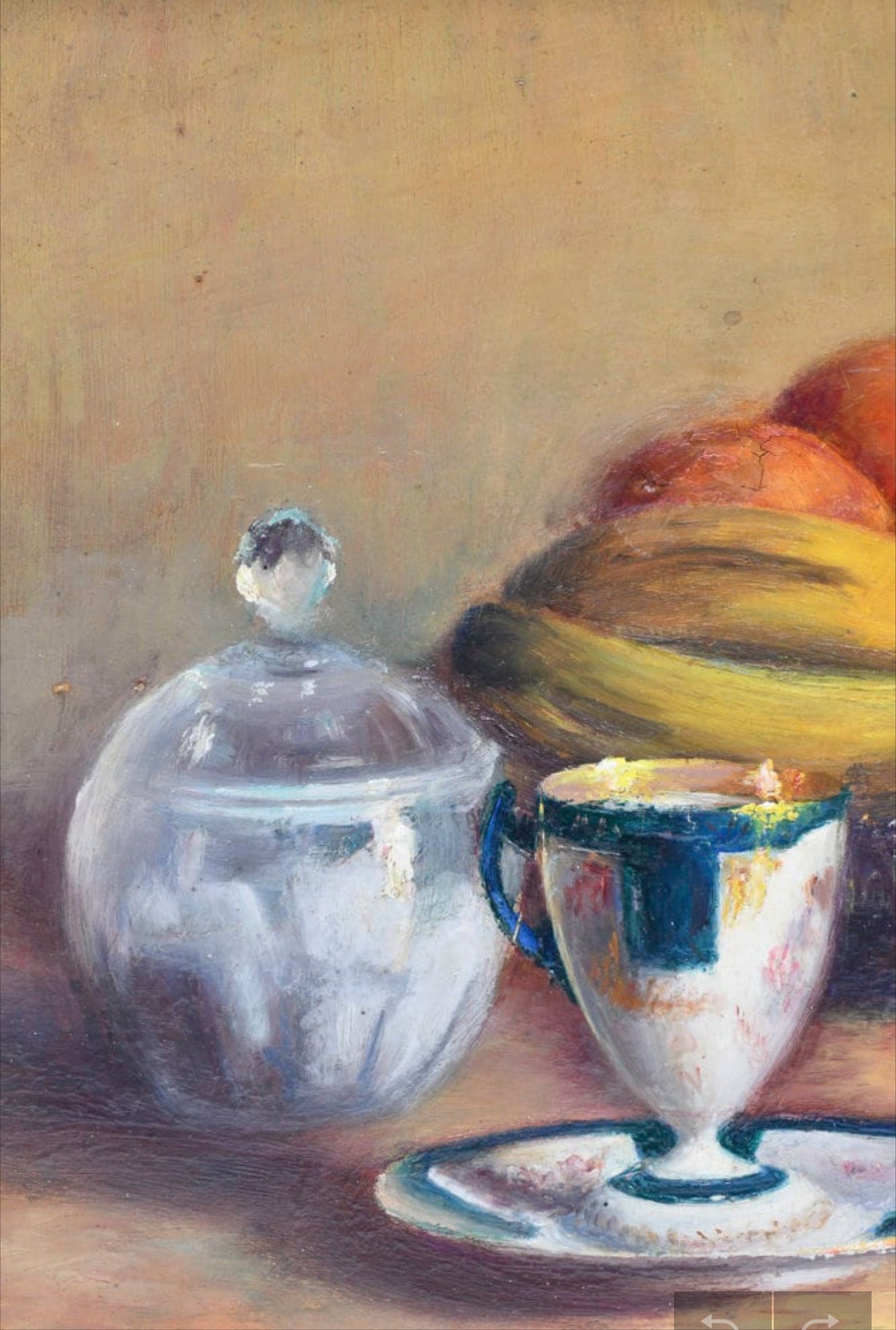 Still life painting with a glass jar, fruit, and teacup on a wooden surface.