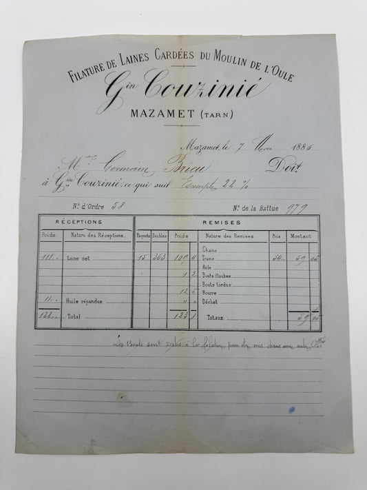 French Antique Blue Tone Invoice, 1886