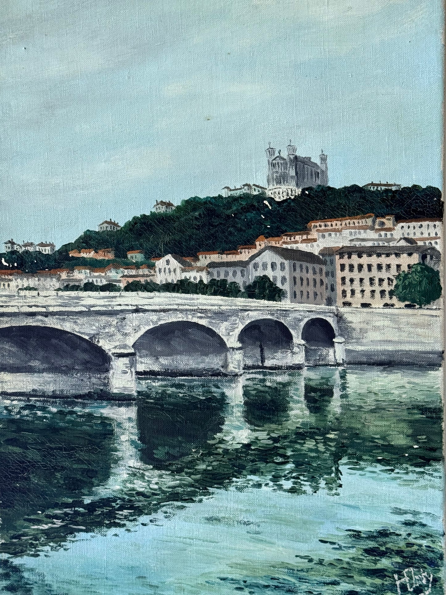 Vintage French Oil Painting Lyon Tilsit Bridge & Saône River, 18”