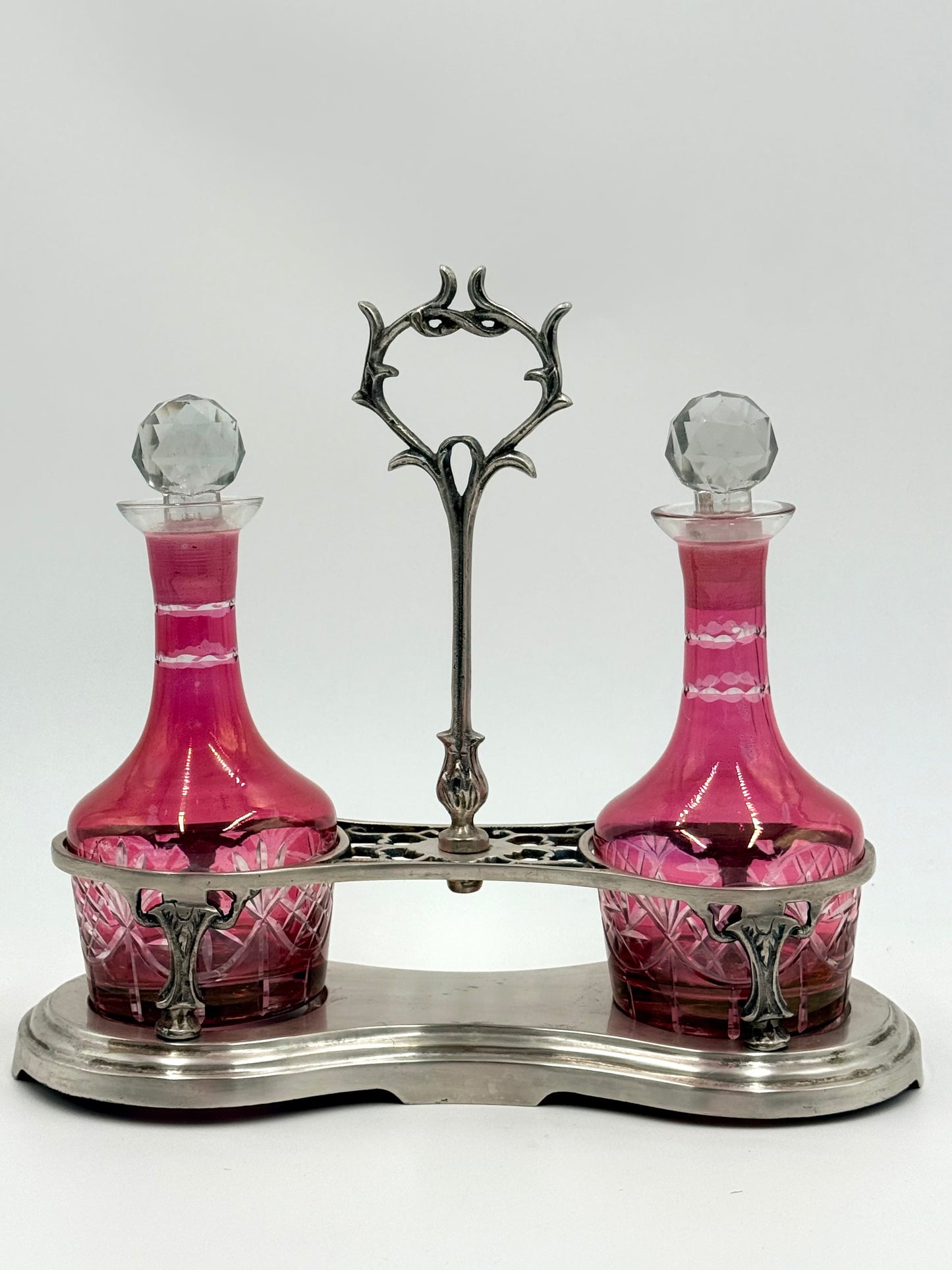 Pink Cranberry Glass Decanters on Stand