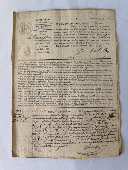 French Publication of Marriage, 1840, Grenoble