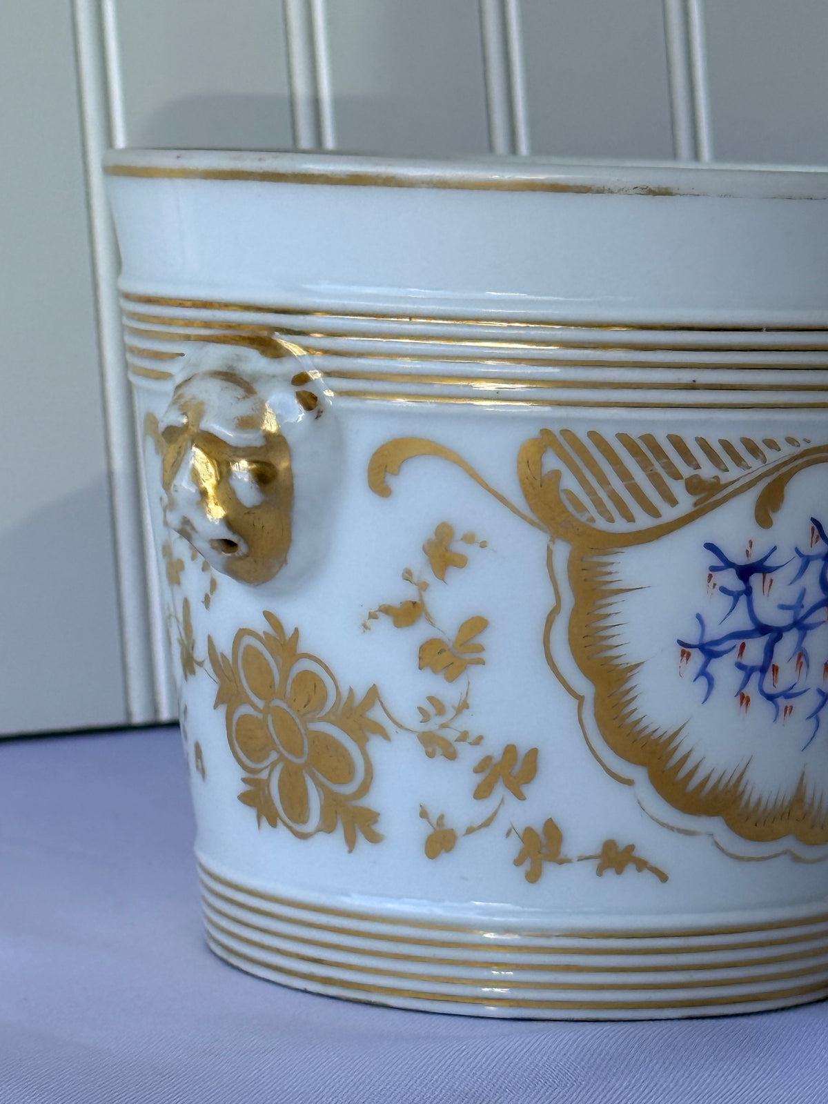 French Porcelain Jardinere or Cache Pot with Lion Mask Handles