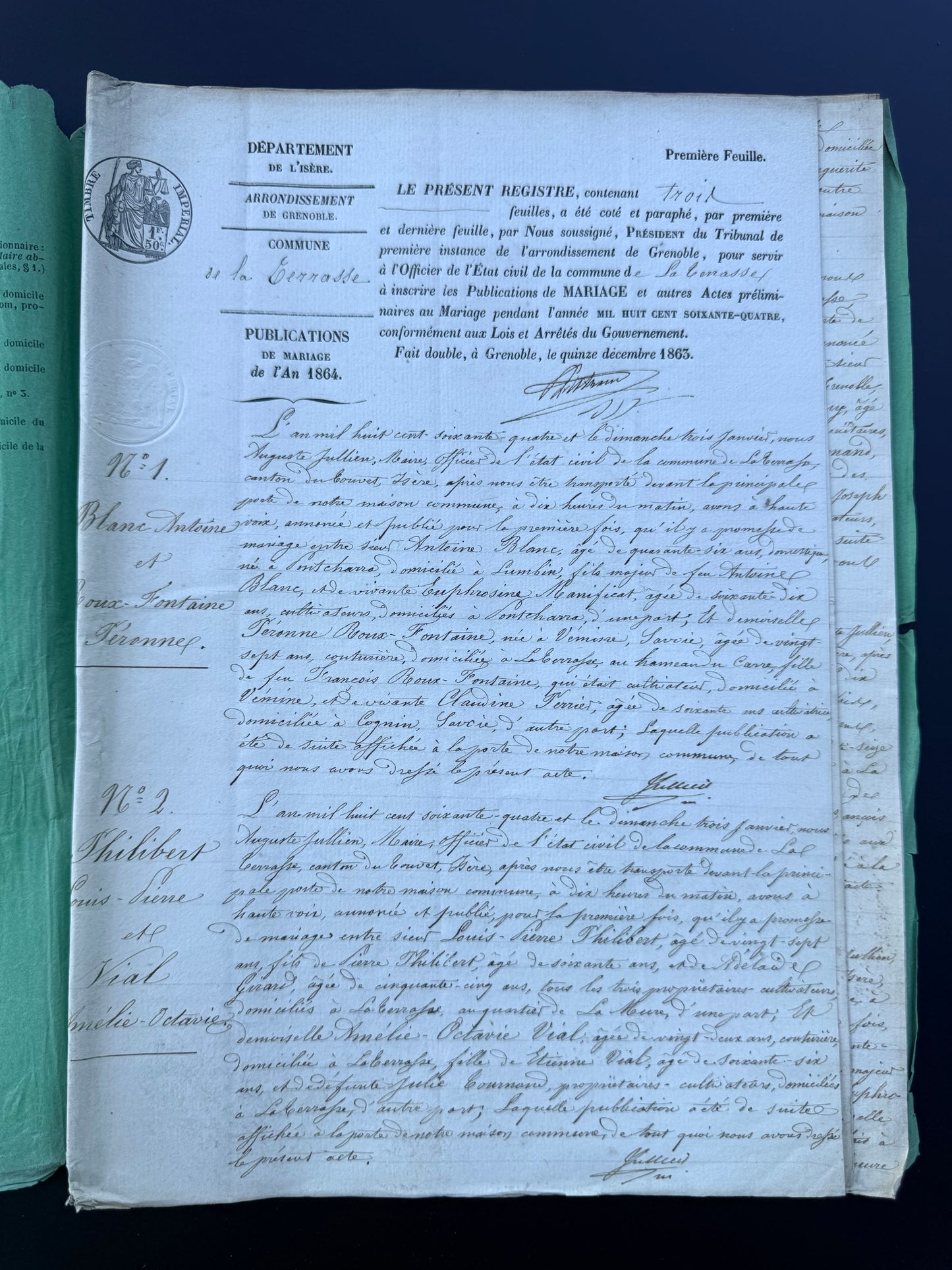 French Handwritten Multi-Page Registrar Document, 1864